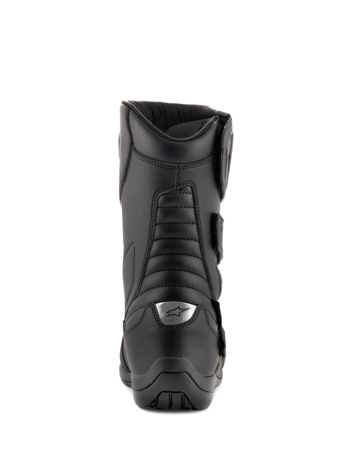 Bottes Alpinestars Radon Drystar®, noir, bottes de touring moto, vue arrière avec zones de flexion en accordéon et logo argenté sur le talon, construction en microfibre durable