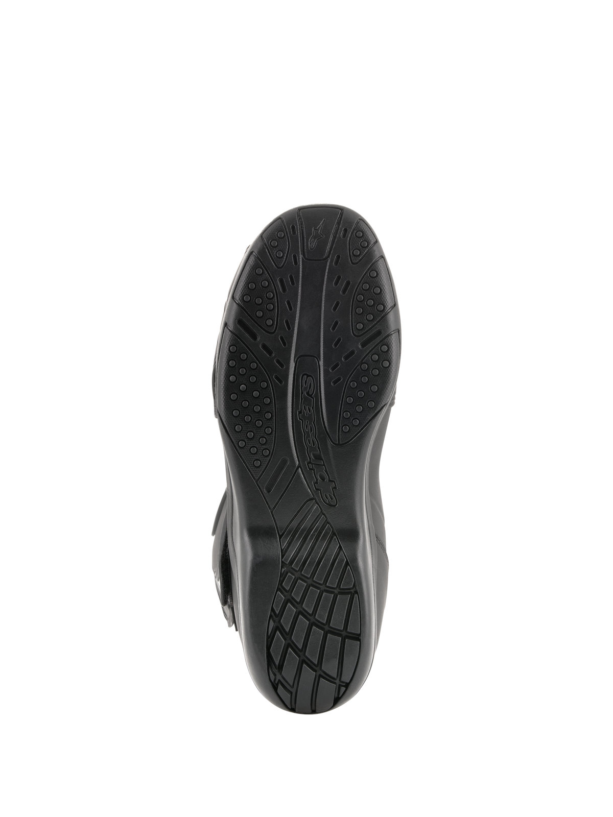 Bottes Alpinestars Radon Drystar®, bottes de touring moto, vue de dessous de la semelle noire en composé vulcanisé avec motifs d'adhérence texturés et logo Alpinestars.