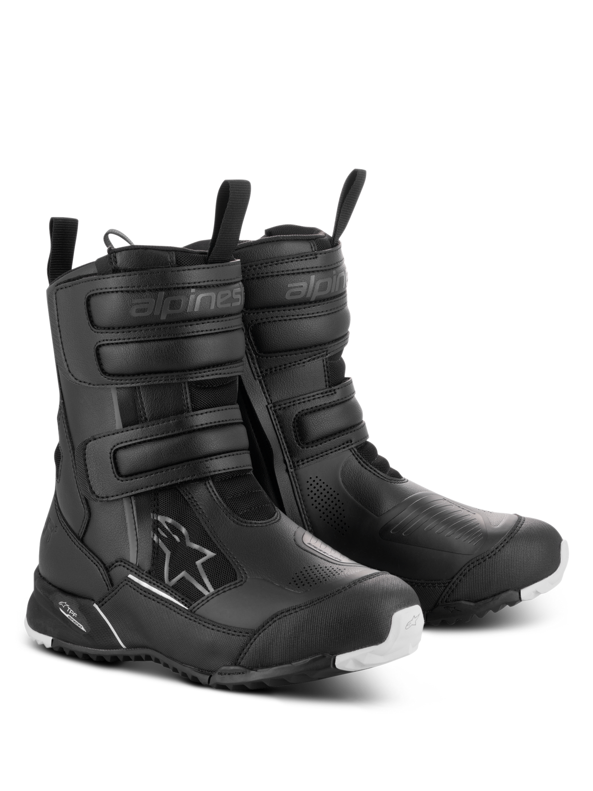 Bottes Alpinestars Stella RT-7 Touring Drystar® pour femme, noires, bottes de moto touring imperméables dotées de trois sangles Velcro, d'une double fermeture éclair et d'une semelle robuste avec des accents blancs.