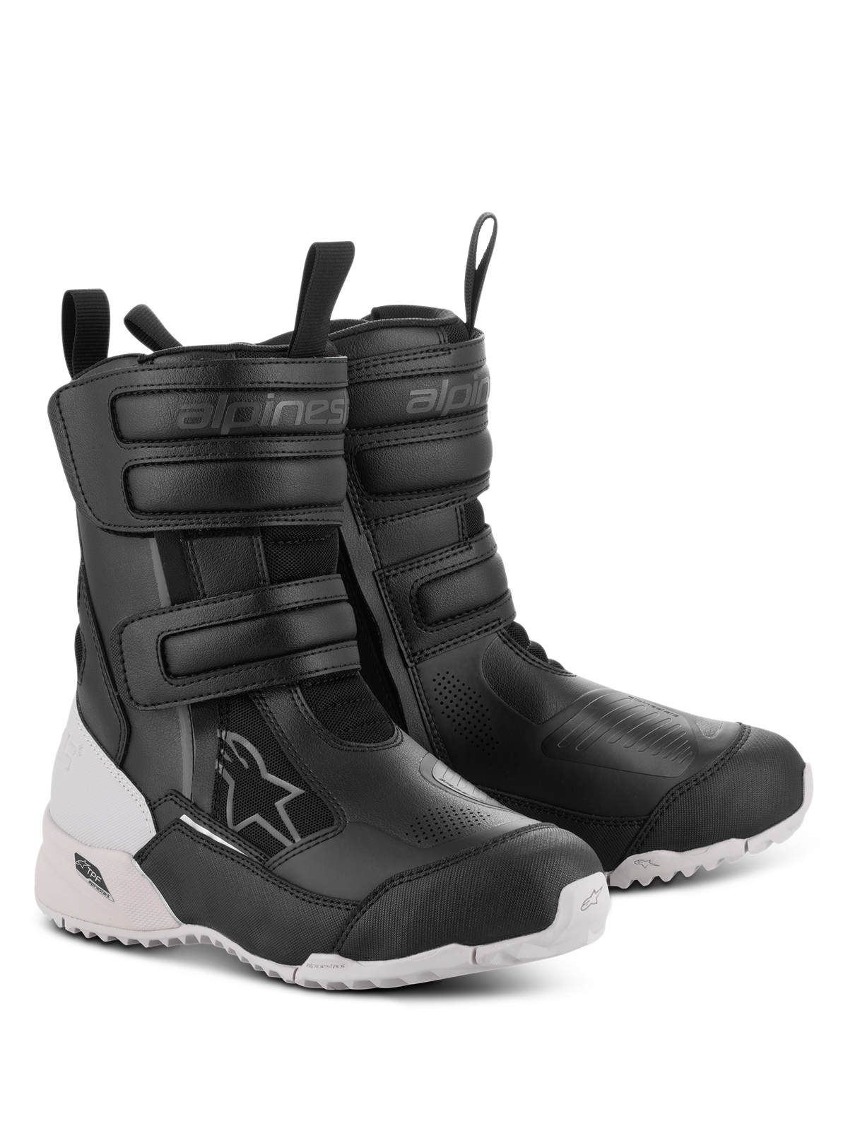 Bottes Alpinestars Stella RT-7 Touring Drystar pour femme, bottes de moto, noir et blanc, avec doubles sangles velcro et entrée à double fermeture éclair, construction durable en microfibre et textile, semelle crantée blanche avec protection TPF, design prêt pour l'aventure