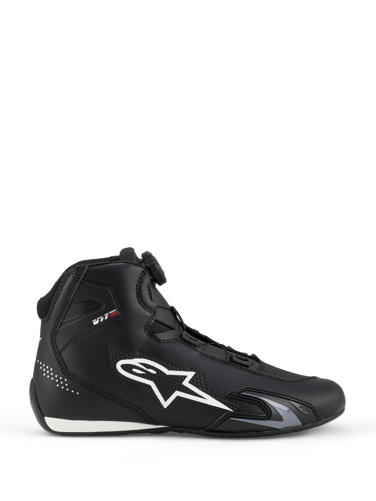 Chaussures Alpinestars Celer, chaussures de moto, noir et blanc, profil latéral avec grand logo étoile blanc, molette du système de fermeture Rotor pour l'ajustement, et silhouette sportive élégante axée sur la performance