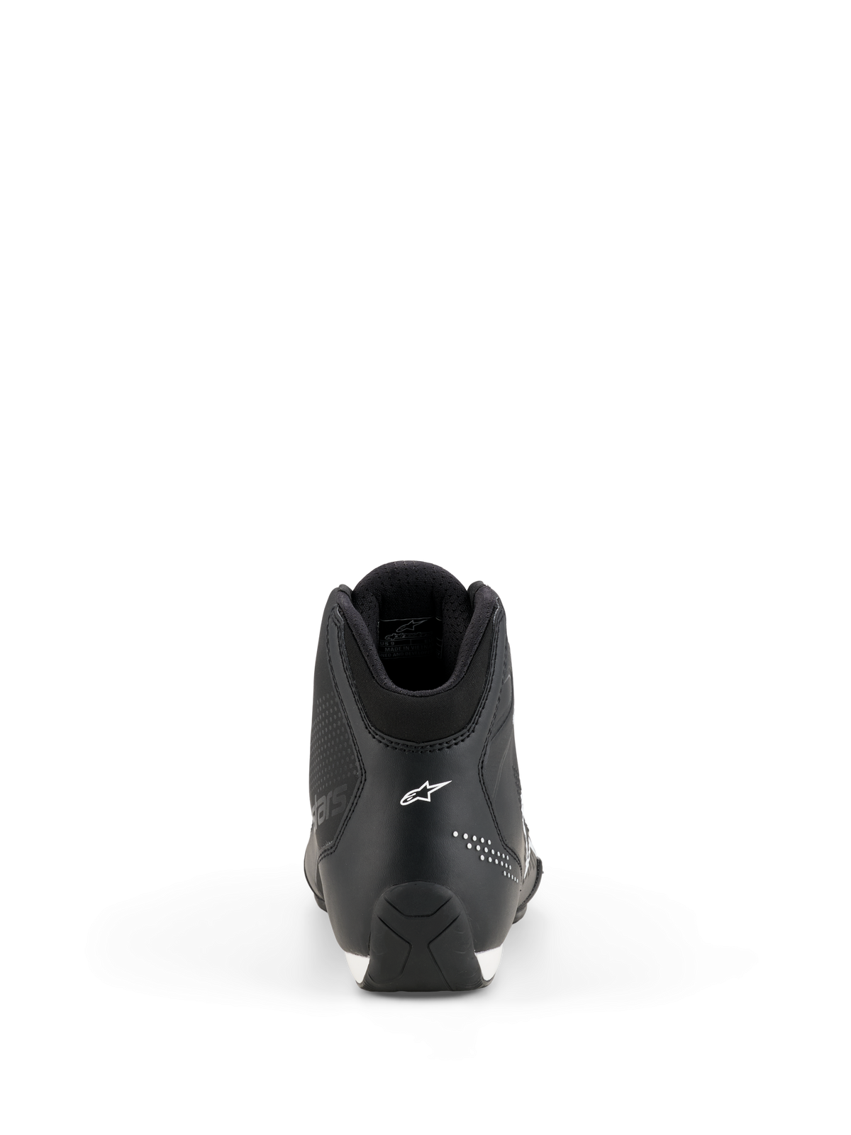 Chaussures Alpinestars Celer, chaussures de moto, noir et blanc, vue arrière montrant la construction du talon, logo étoile Alpinestars blanc, détails micro-perforés et semelle en caoutchouc texturé pour une conduite sportive haute performance