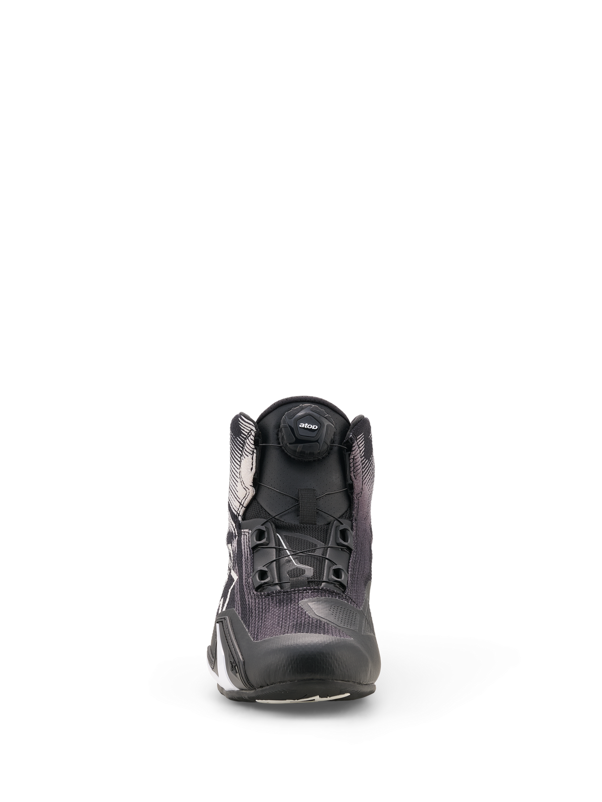 Alpinestars Celer Superair Shoes, Black and White motorcycle riding shoes, front-facing view highlighting the Atop rotor closure system on the tongue and the technical mesh upper.