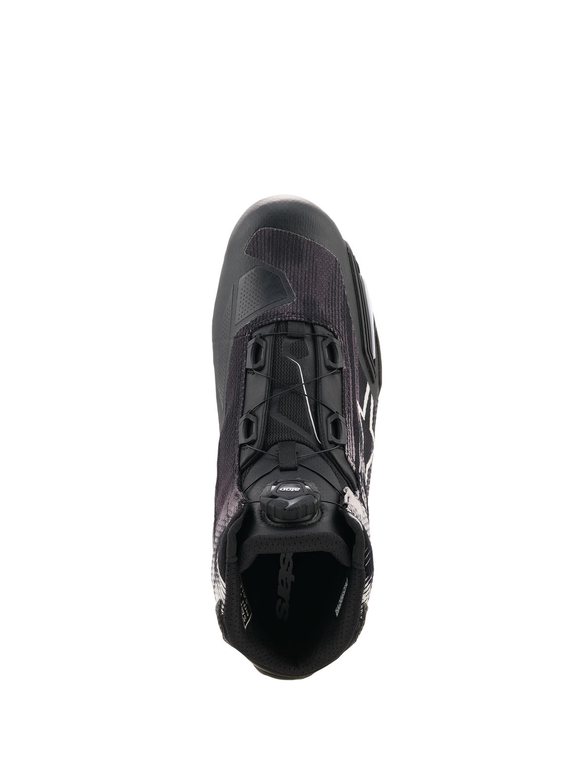 Alpinestars Celer Superair Shoes, Black and White motorcycle riding shoe shown from a top-down perspective, featuring the integrated Rotor Closure System, breathable textile upper, and sport-inspired design for warm-weather performance.
