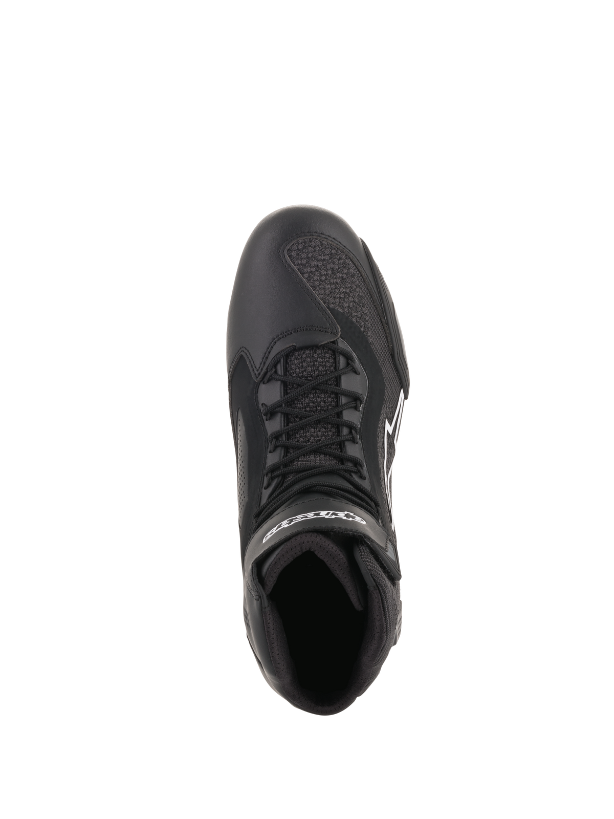 Chaussures Alpinestars Faster-3 Rideknit®, noir, vue de dessus montrant les lacets et les panneaux en maille respirante, construction légère en microfibre et maille, chaussures de moto haute performance