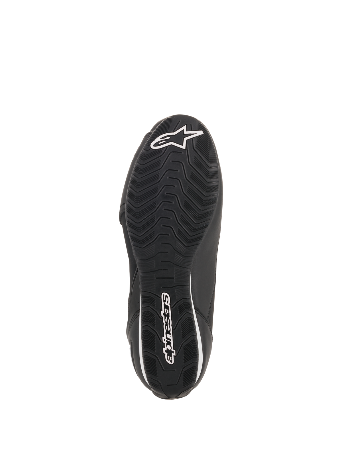 Chaussures Alpinestars Faster-3 Rideknit®, noir, vue de dessous de la semelle avec motif texturé ondulé, logo et lettrage Alpinestars blancs, chaussure de moto haute performance