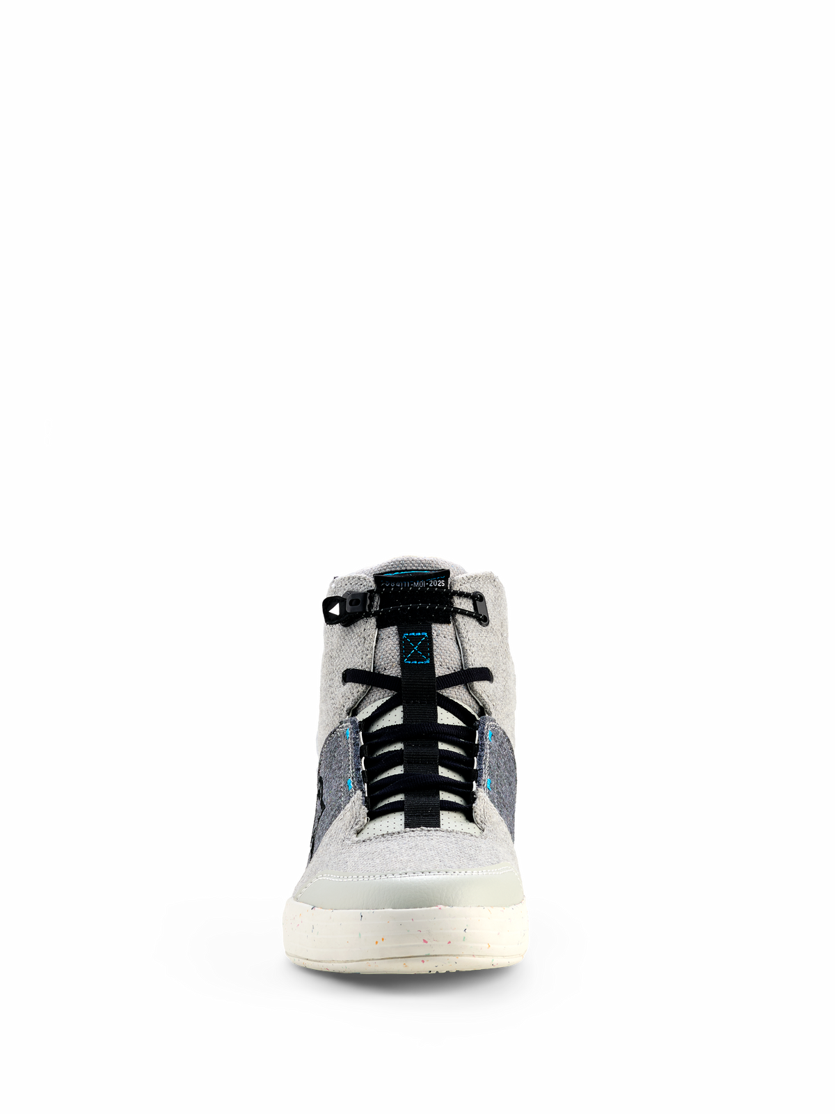 Chaussures de moto Alpinestars Circal, gris, noir et bleu méthyle, vue de face de chaussures de moto urbaines, design montant avec empiècements en toile, lacets élastiques noirs et semelle blanc cassé mouchetée