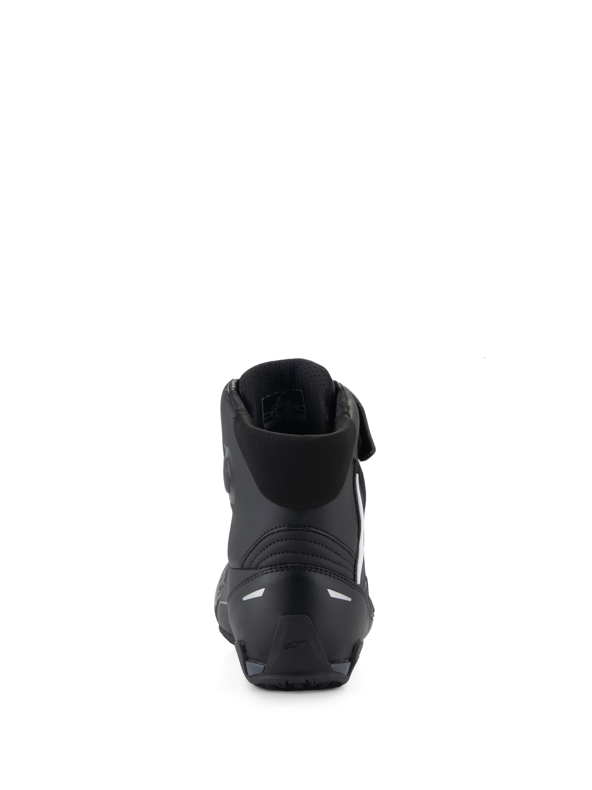 Chaussures Alpinestars Faster-4, chaussures de moto noires, vue arrière mettant en évidence le contrefort de talon en TPR et les détails réfléchissants, col en textile rembourré, design performant pour la conduite sportive sur route