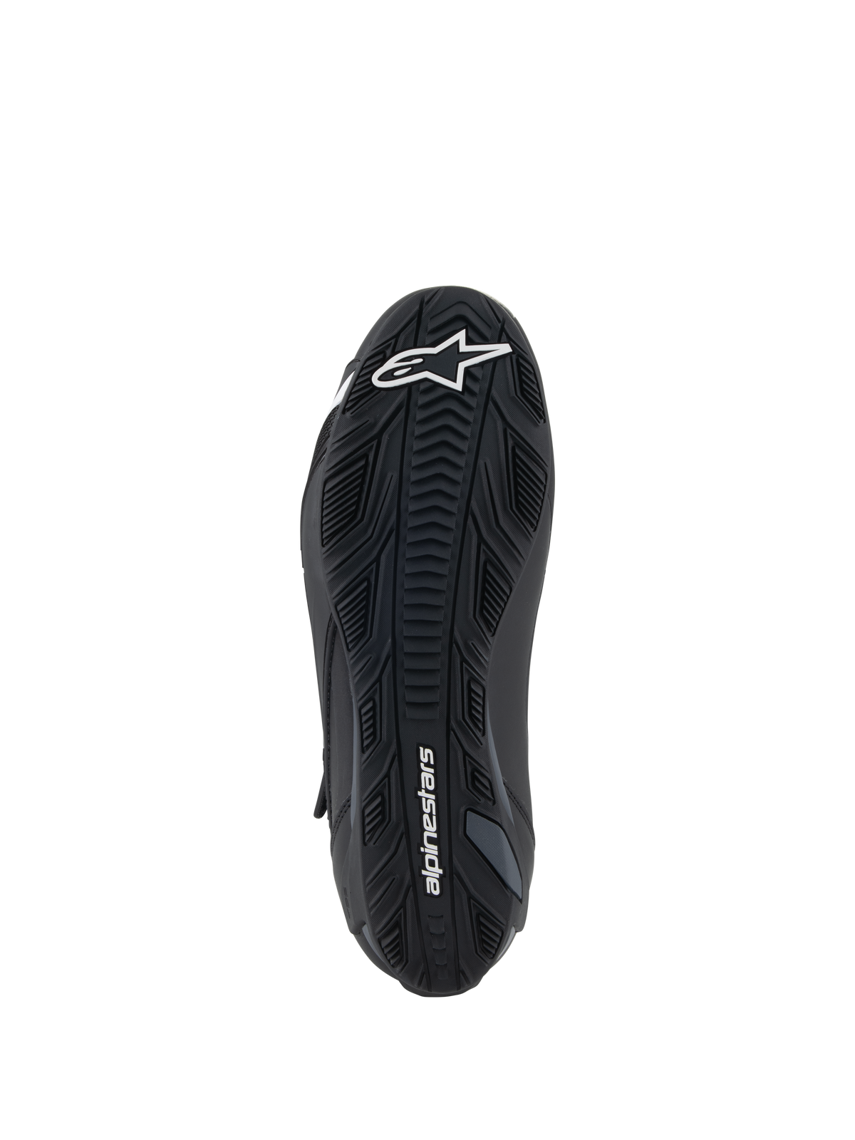Chaussures Alpinestars Faster-4, Noir, vue de dessous de la semelle extérieure en caoutchouc avec motifs d'adhérence texturés, logo Alpinestars blanc sur l'avant-pied et marquage sur le talon, chaussure de moto performante