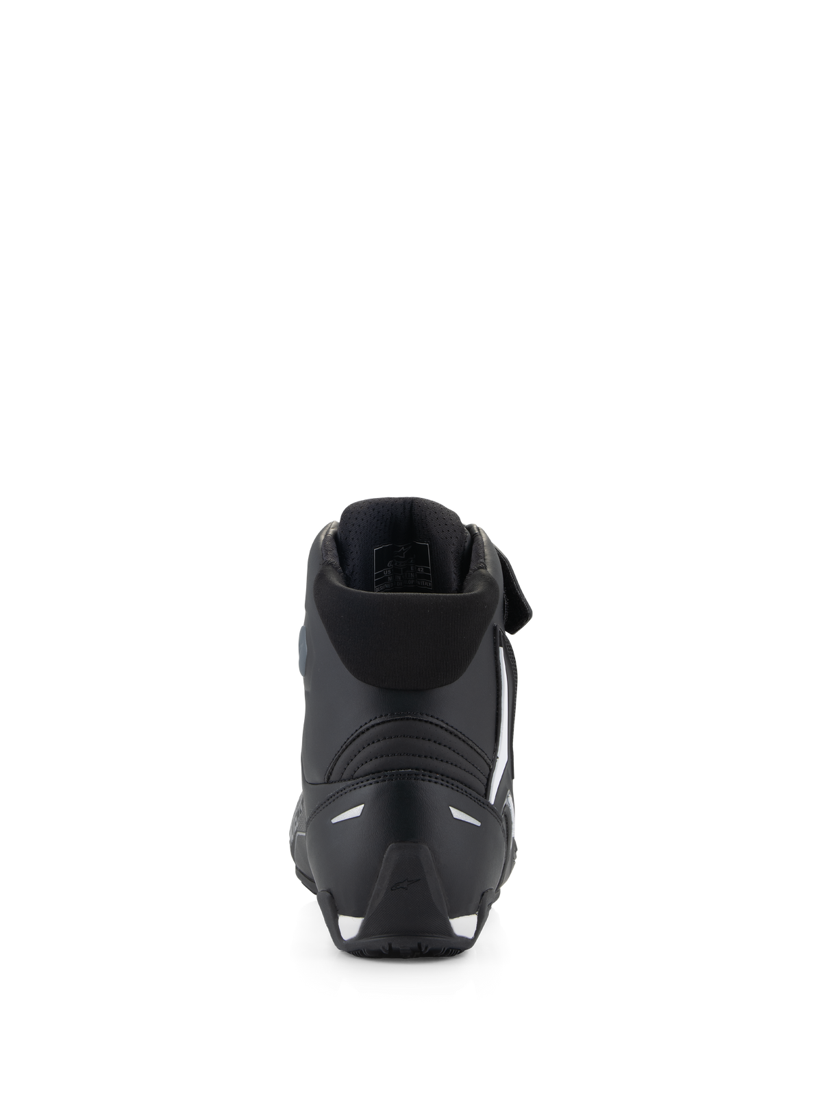 Chaussures Alpinestars Faster-4, chaussures de moto, noires, vue arrière présentant un contrefort de talon en TPR, un col en textile souple et des accents blancs sur le talon et la semelle, chaussures de protection haute performance