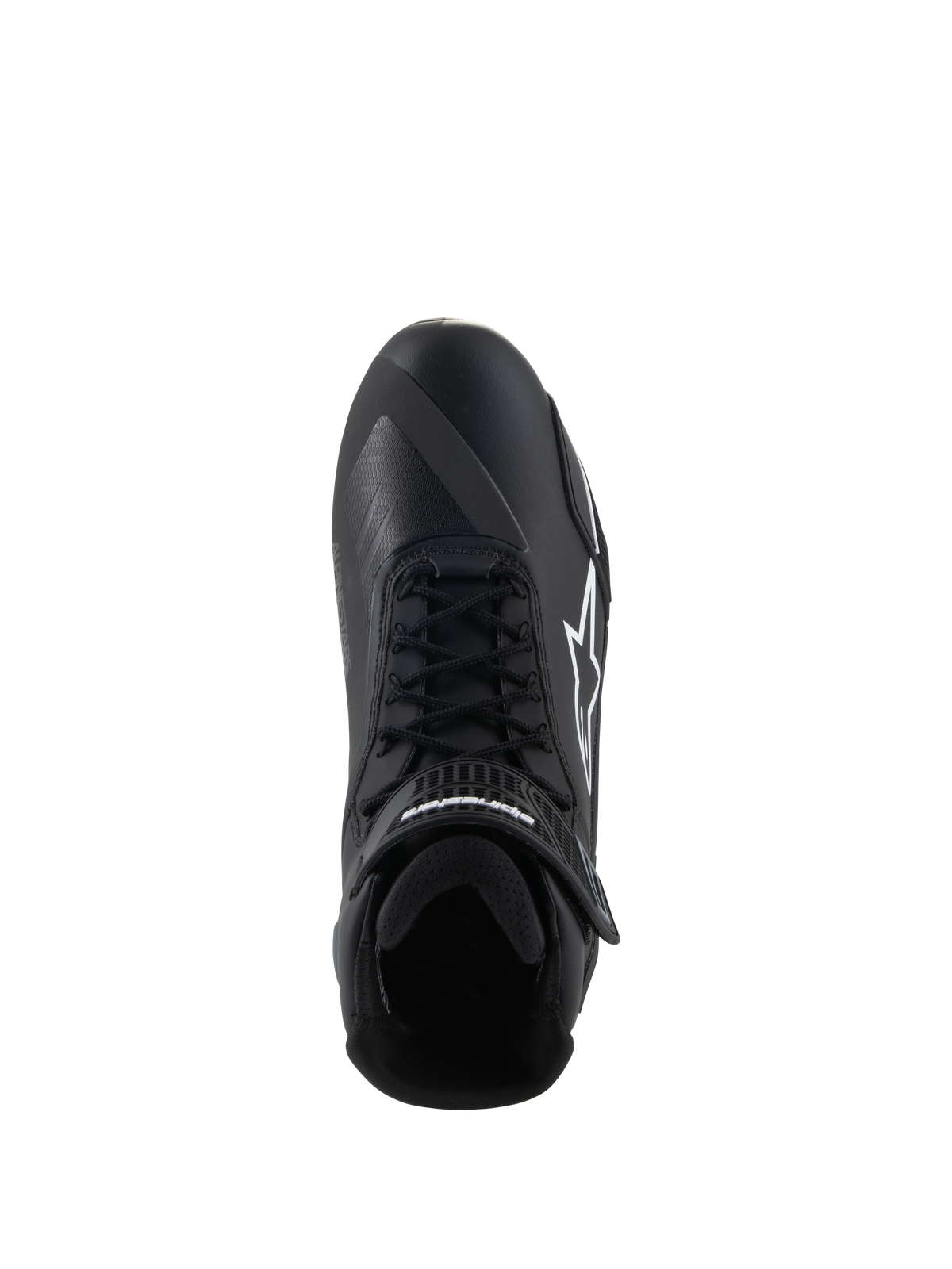 Chaussures Alpinestars Faster-4, chaussures de moto, noir et blanc, vue de dessus montrant la fermeture à lacets, la sangle de cheville auto-agrippante et le logo Alpinestars blanc sur le côté