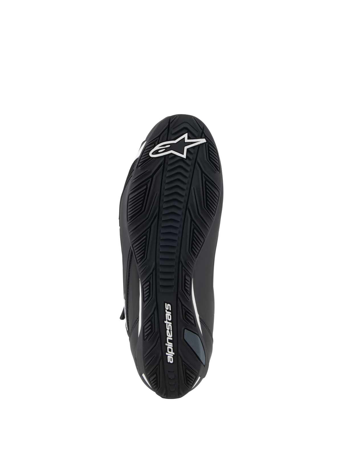 Chaussures Alpinestars Faster-4, chaussures de moto, noir et blanc, vue de la semelle en caoutchouc texturé avec logo étoile Alpinestars blanc sur la pointe et lettrage sur la voûte plantaire, semelle extérieure axée sur l'adhérence pour la performance sur route
