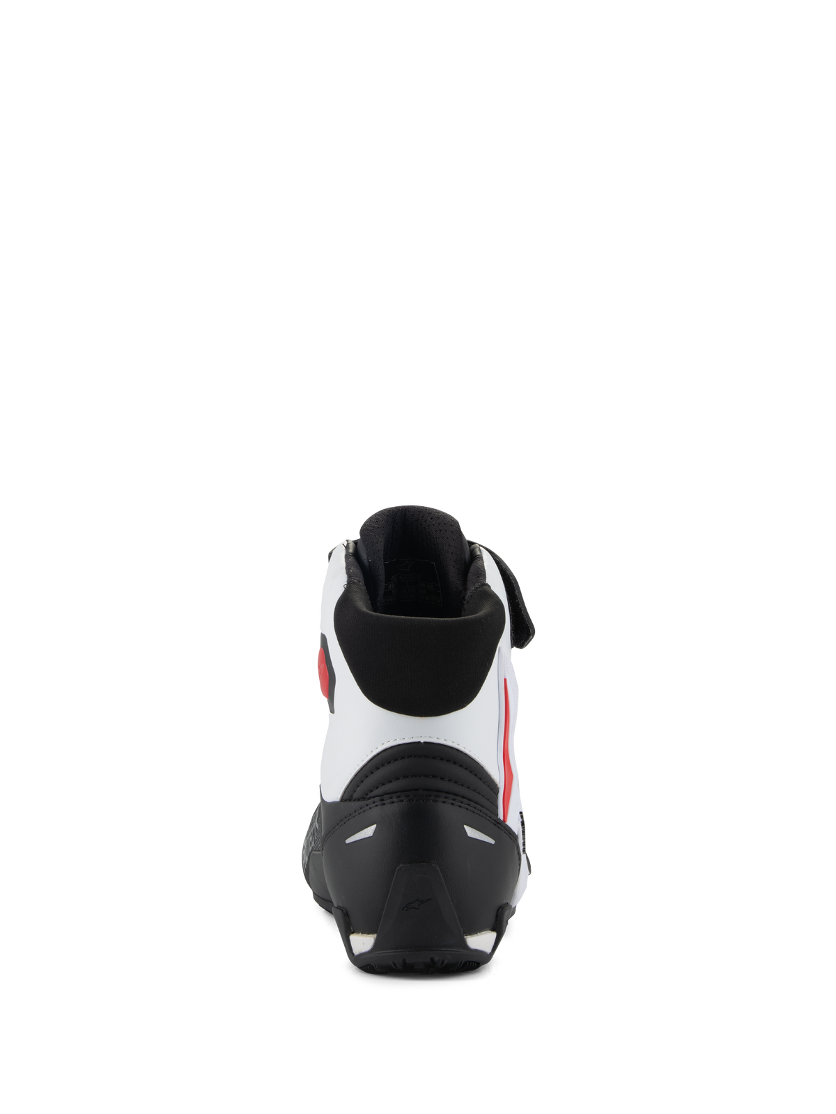 Chaussures Alpinestars Faster-4, vue arrière, noir, blanc et rouge, avec contrefort de talon en TPR noir, tige en microfibre blanche avec accents rouges et col rembourré noir, chaussures de moto de performance