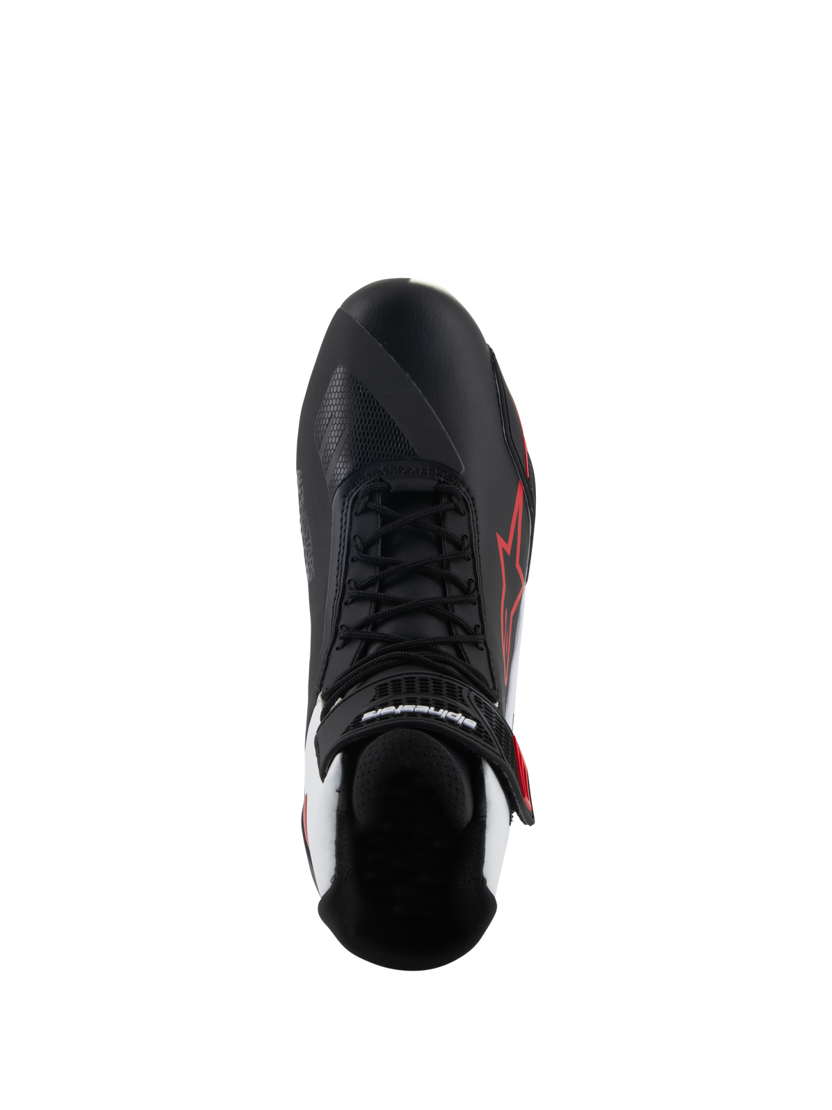 Chaussures Alpinestars Faster-4, chaussures de moto, Noir Blanc Rouge, vue de dessus avec lacets noirs et sangle de cheville à velcro, logo étoile Alpinestars rouge sur le côté latéral, accents blancs au talon, design asymétrique de l'avant-pied pour le passage des vitesses.
