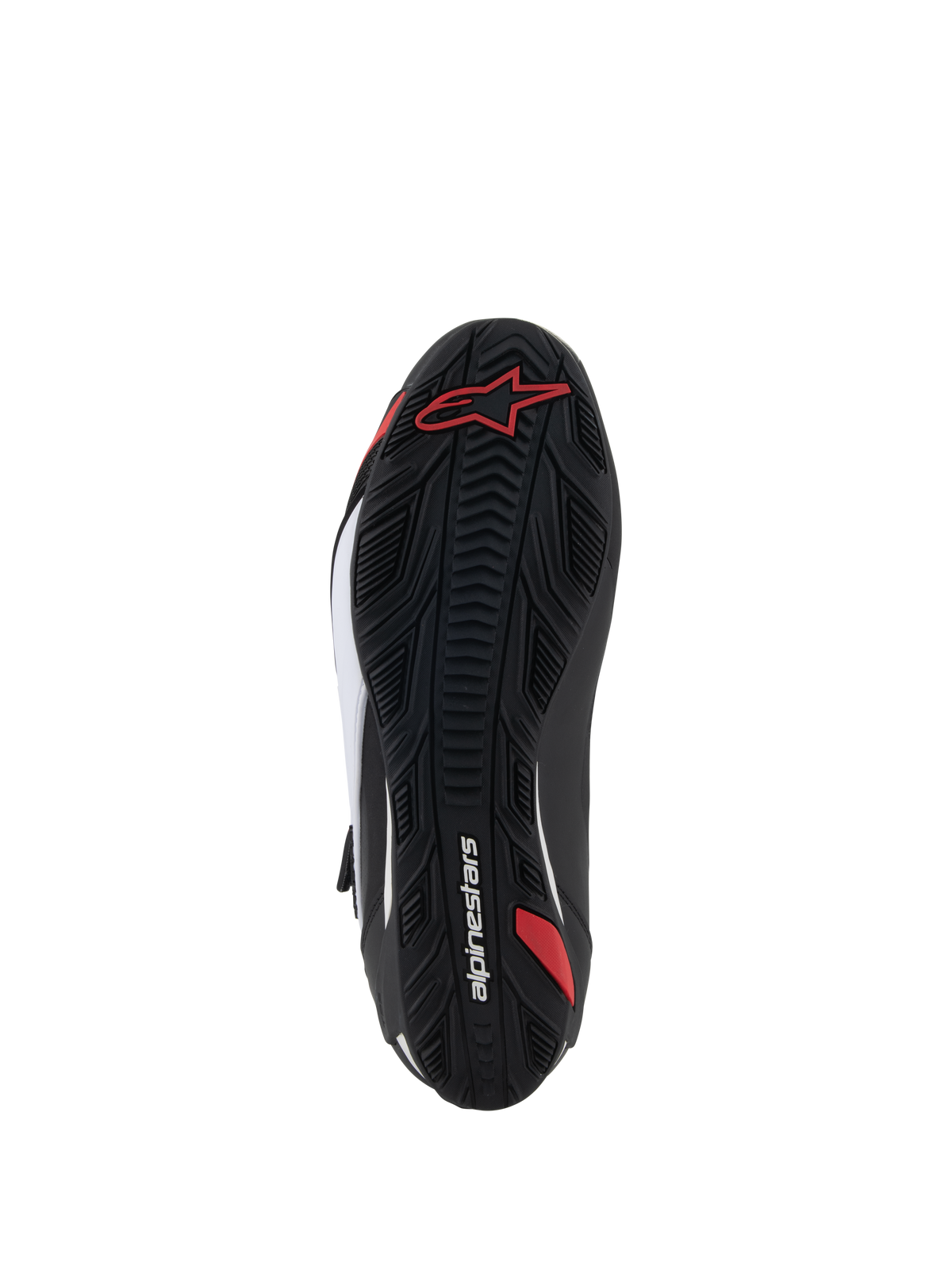 Chaussures Alpinestars Faster-4, chaussures de moto, vue de la semelle, caoutchouc noir avec motif d'adhérence texturé, logo Alpinestars rouge et marquage blanc, conçues pour la route et la conduite sportive
