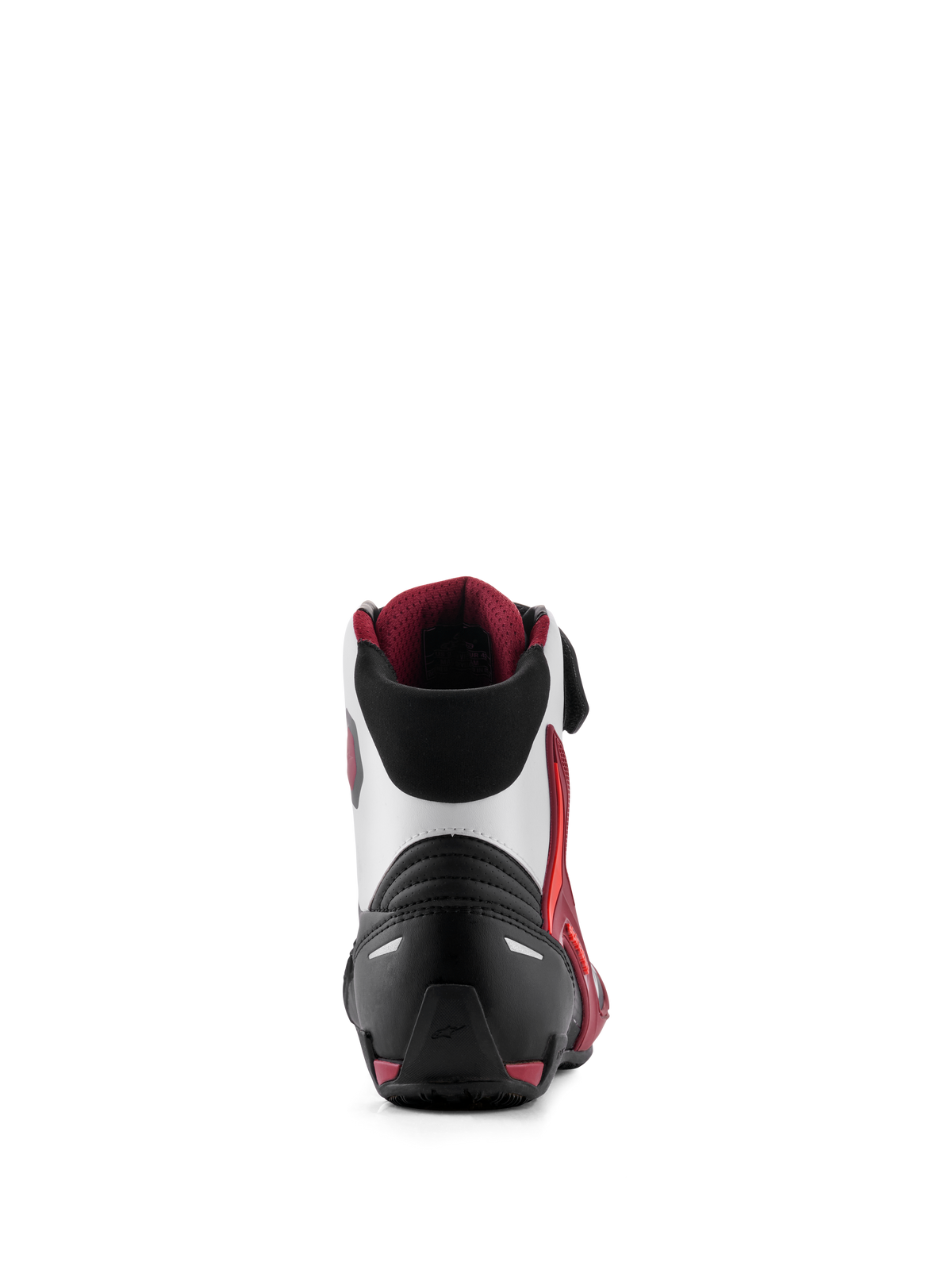 Alpinestars Faster-4 Shoes, chaussures de moto, noir blanc et rouge foncé, vue arrière montrant le contrefort de talon renforcé, le support de cheville en TPU et le col en textile technique, équipement haute performance pour la route