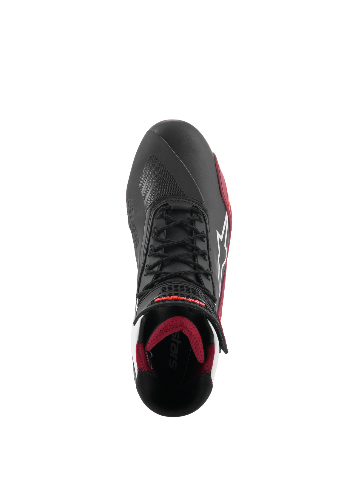 Chaussures Alpinestars Faster-4, chaussures de moto, noir, blanc et rouge foncé, vue de dessus avec fermeture à lacets traditionnelle, logo étoile Alpinestars blanc et doublure intérieure rembourrée rouge foncé.