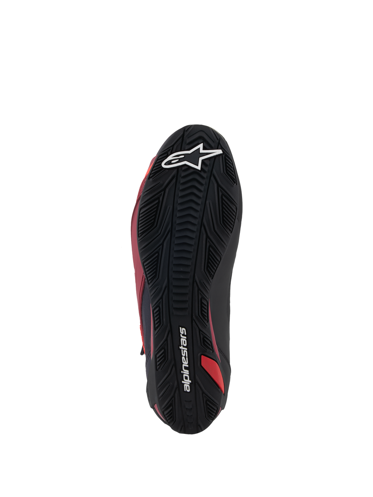 Chaussures Alpinestars Faster-4, chaussures de moto, noir, blanc et rouge foncé, vue de dessous de la semelle en caoutchouc texturée, avec logo étoile blanc et lettrage Alpinestars, motif d'adhérence durable pour la performance sur route