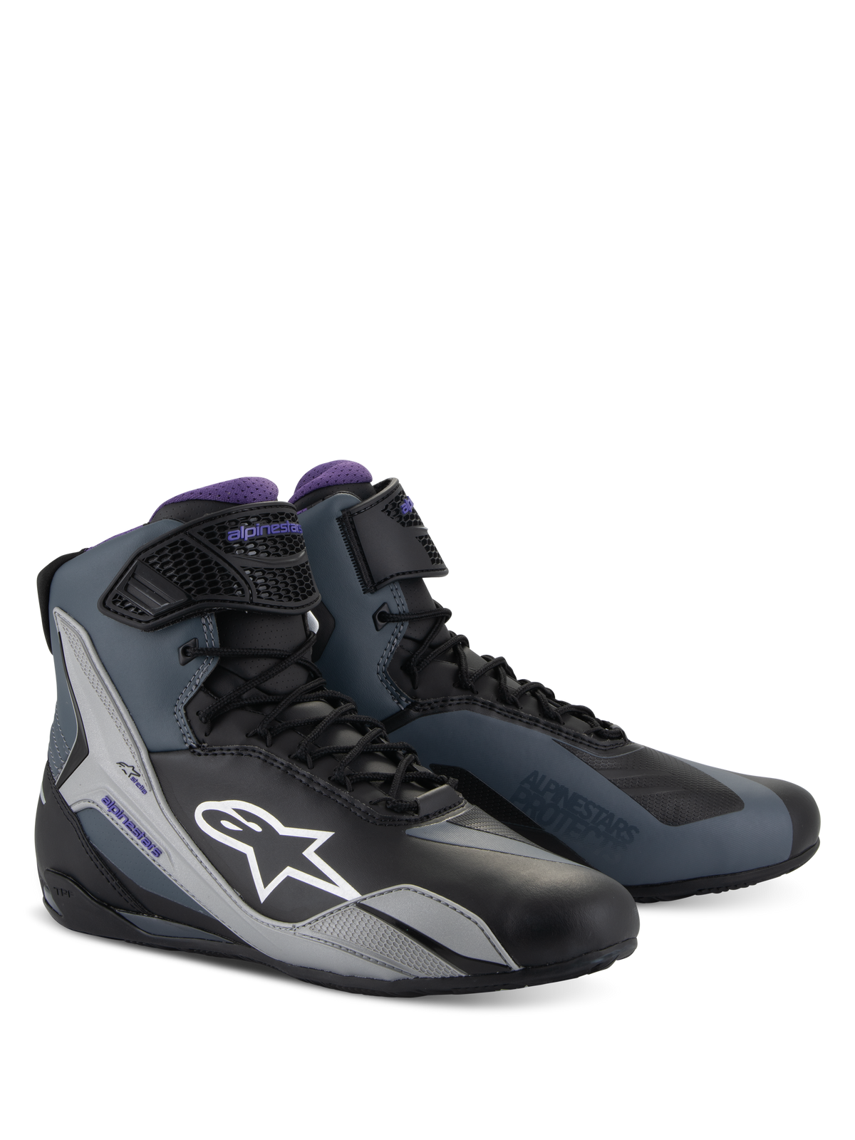 Alpinestars Stella Faster-4, chaussures de moto pour femme, noires, grises et violettes, design montant technique avec lacets.
