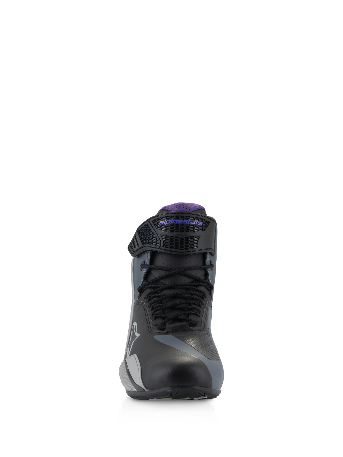 Alpinestars Stella Faster-4, chaussures de moto pour femme, noires, grises et violettes, vue de face avec lacets et sangle.