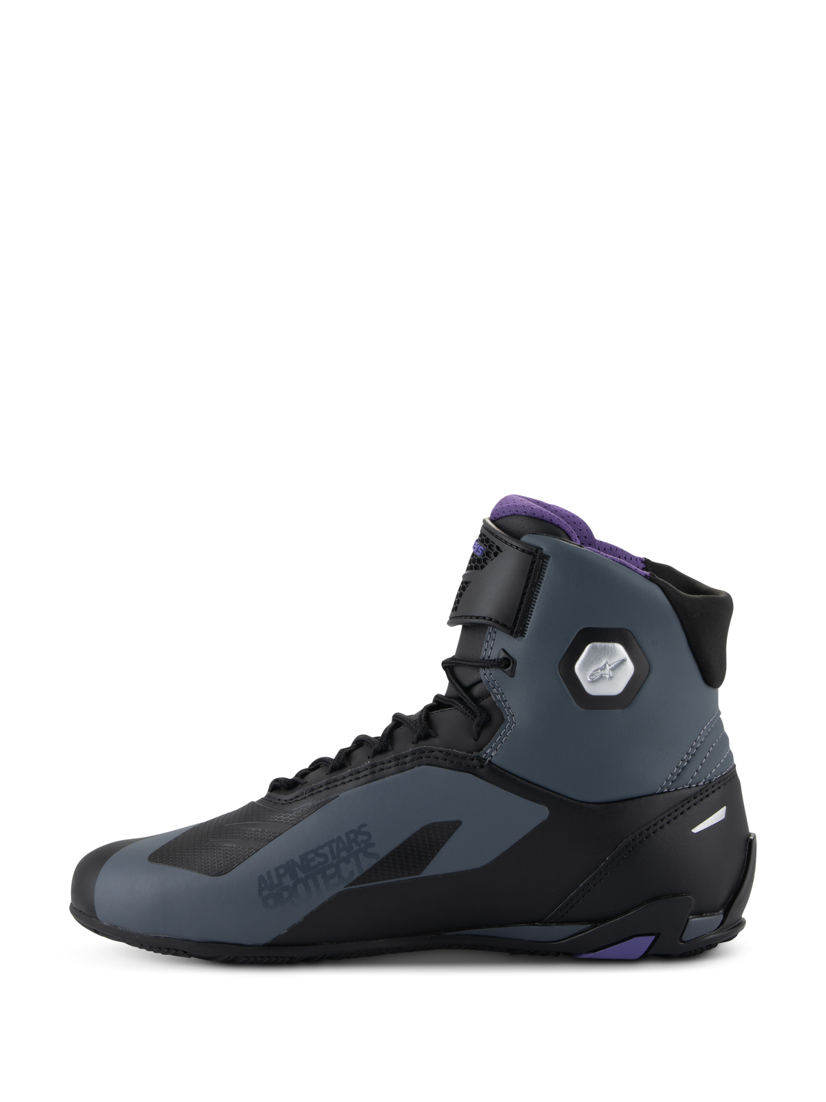 Alpinestars Stella Faster-4, chaussures de moto pour femme, noires et grises avec accents violets, protection de cheville et certifiées CE