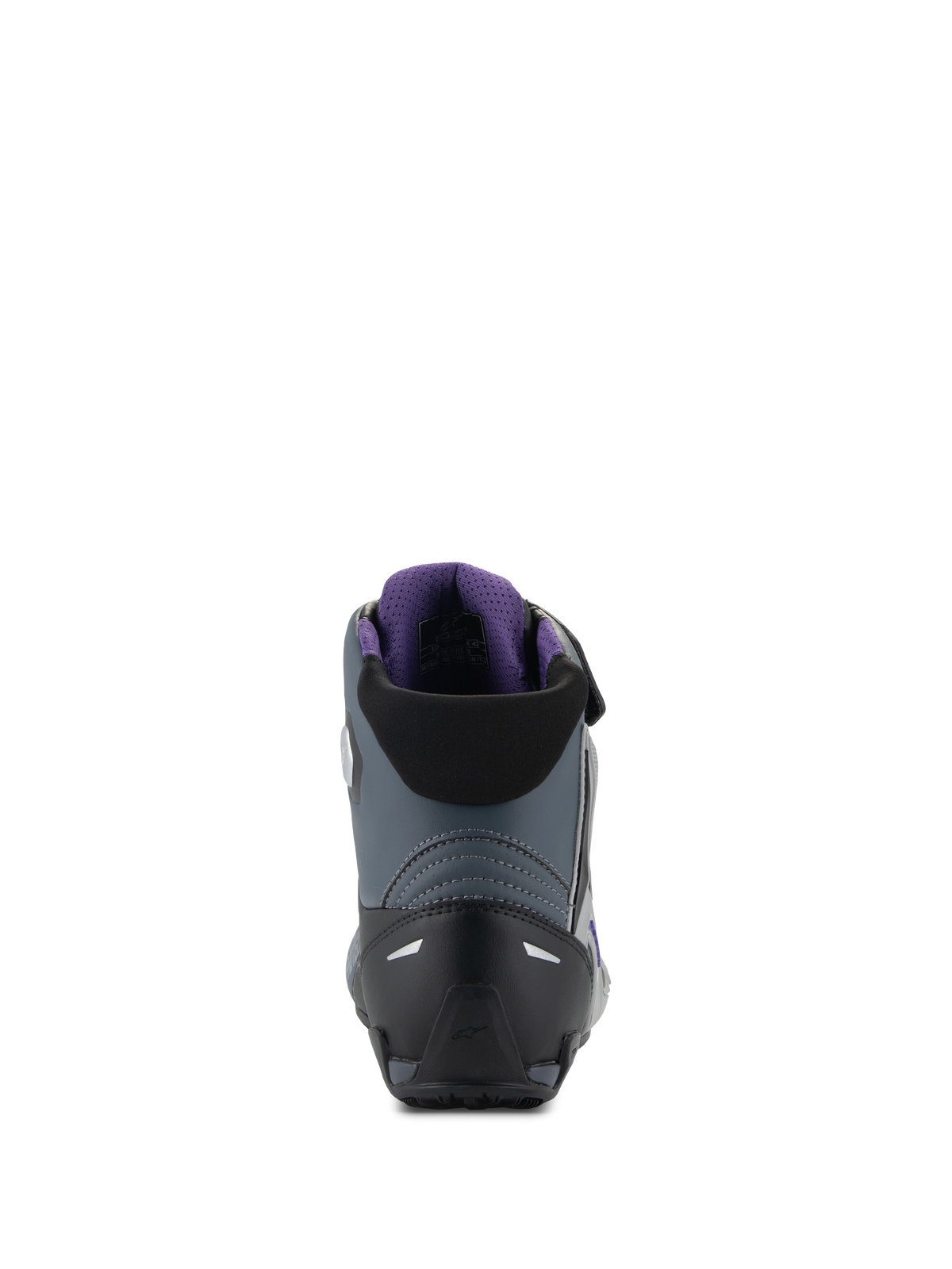 Alpinestars Stella Faster-4, chaussures de moto femme, noires et grises, vue arrière, talon renforcé et doublure violette.