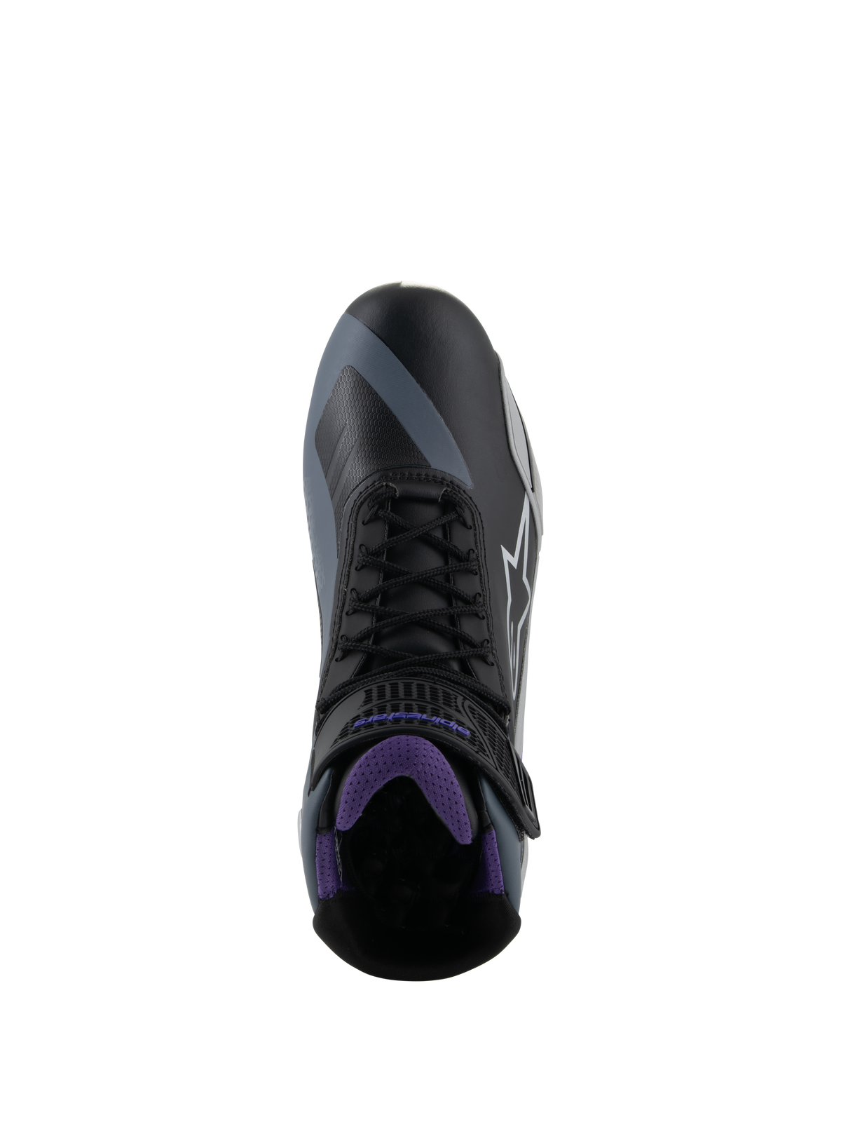Alpinestars Stella Faster-4, chaussures de moto pour femme, noires et violettes, vue de dessus, lacets et intérieur en maille