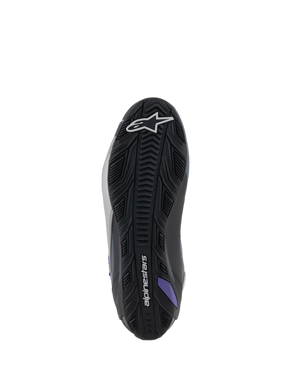 Alpinestars Stella Faster-4, chaussures de moto pour femme, vue de la semelle, noires et violettes, en caoutchouc texturé pour une adhérence optimale.