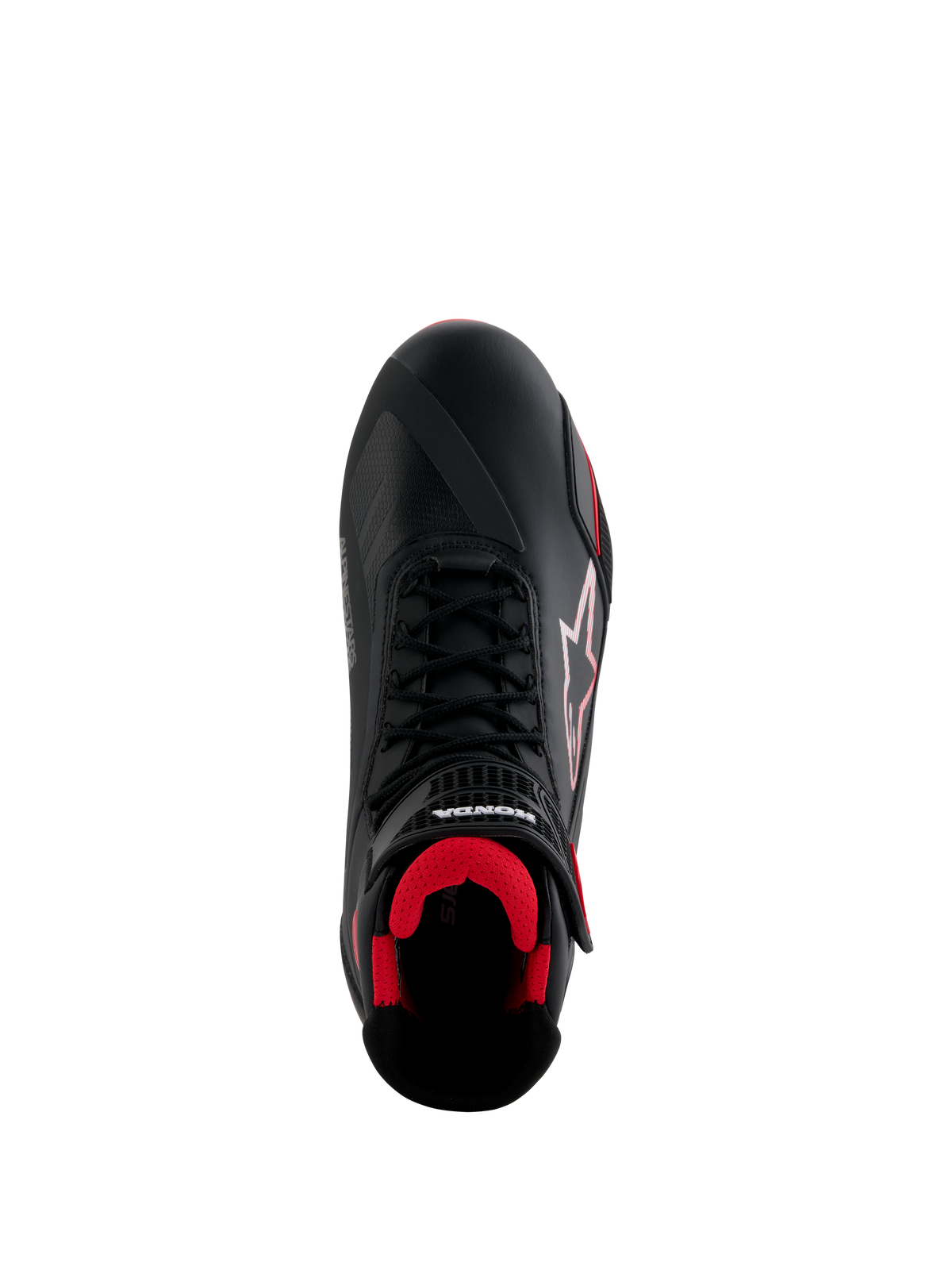 Chaussures Alpinestars Honda Faster-4, chaussures de moto, noir et rouge, vue de dessus avec tige en microfibre noire, intérieur en maille rouge, lacets noirs traditionnels et logos Alpinestars et Honda