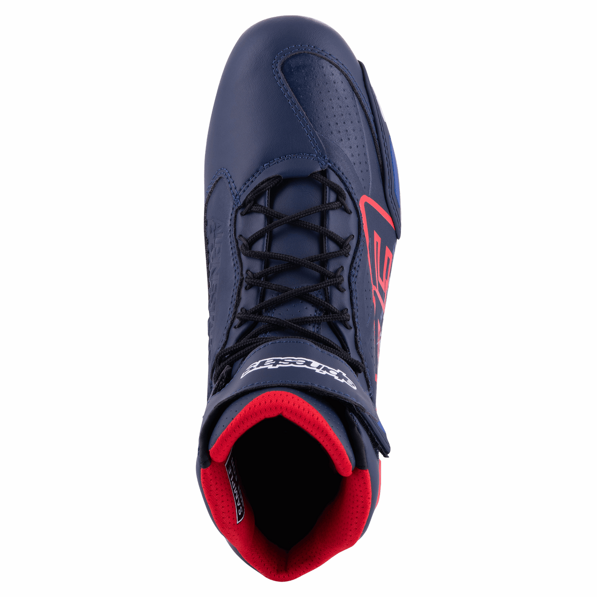 Chaussure de moto Alpinestars Austin, Night Navy et Bright Red, vue de dessus montrant des lacets noirs, une doublure intérieure en mesh rouge et un châssis en microfibre bleu marine avec des accents de logo rouges