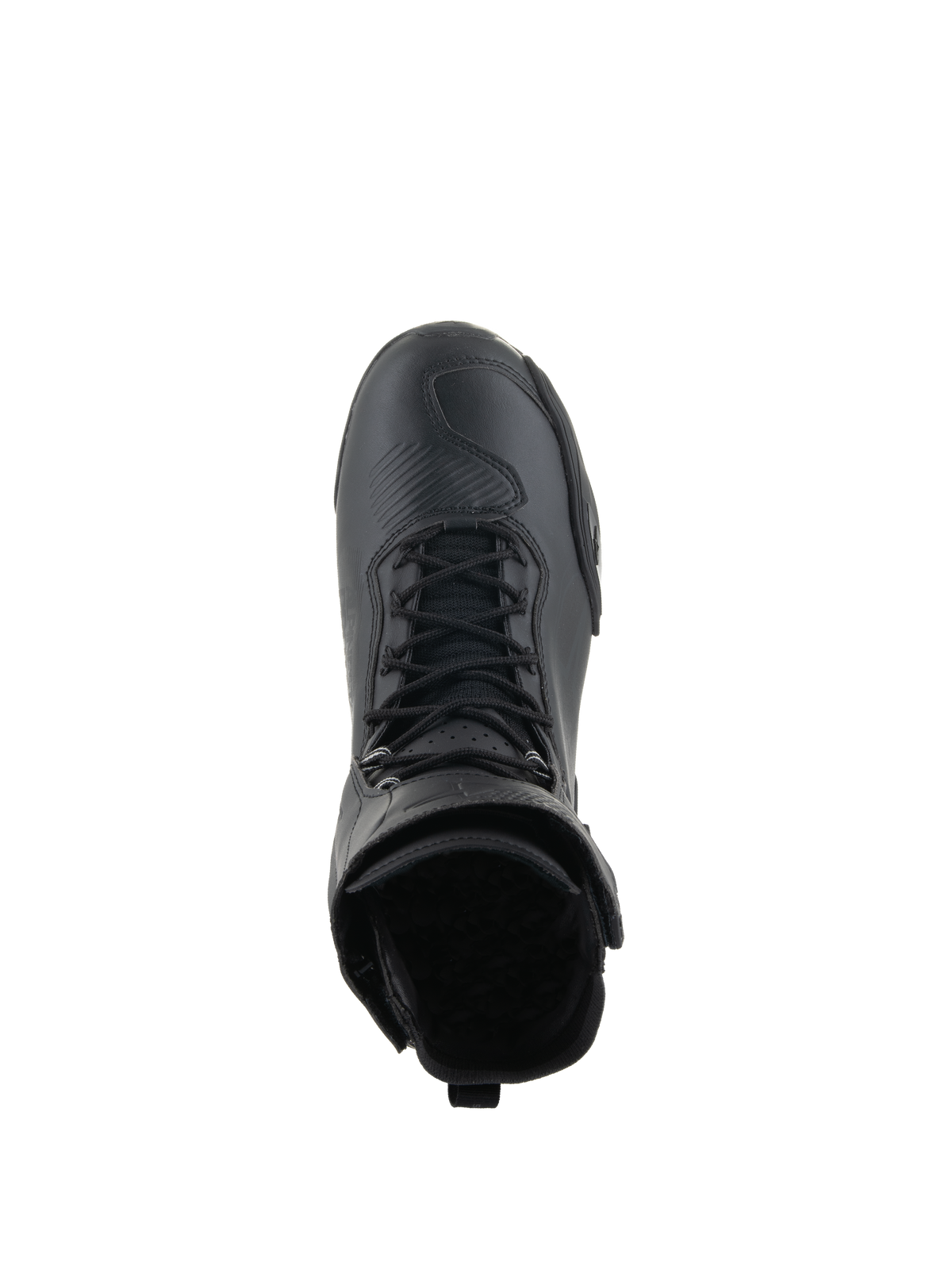 Alpinestars Superfaster Shoes, Motorcycle Riding Shoes, Black on Black, top-down view highlighting the speed lace system and high-top collar, sleek technical design with reinforced toe area.