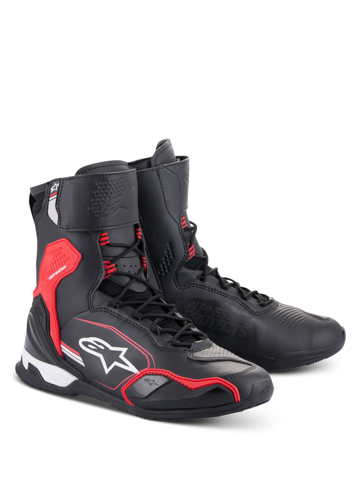 Alpinestars Superfaster Shoes, Motorcycle Riding Shoes, Black Bright Red and White, high-top design with speed lace system, reinforced ankle and heel protection, featuring Alpinestars branding and technical microfiber construction