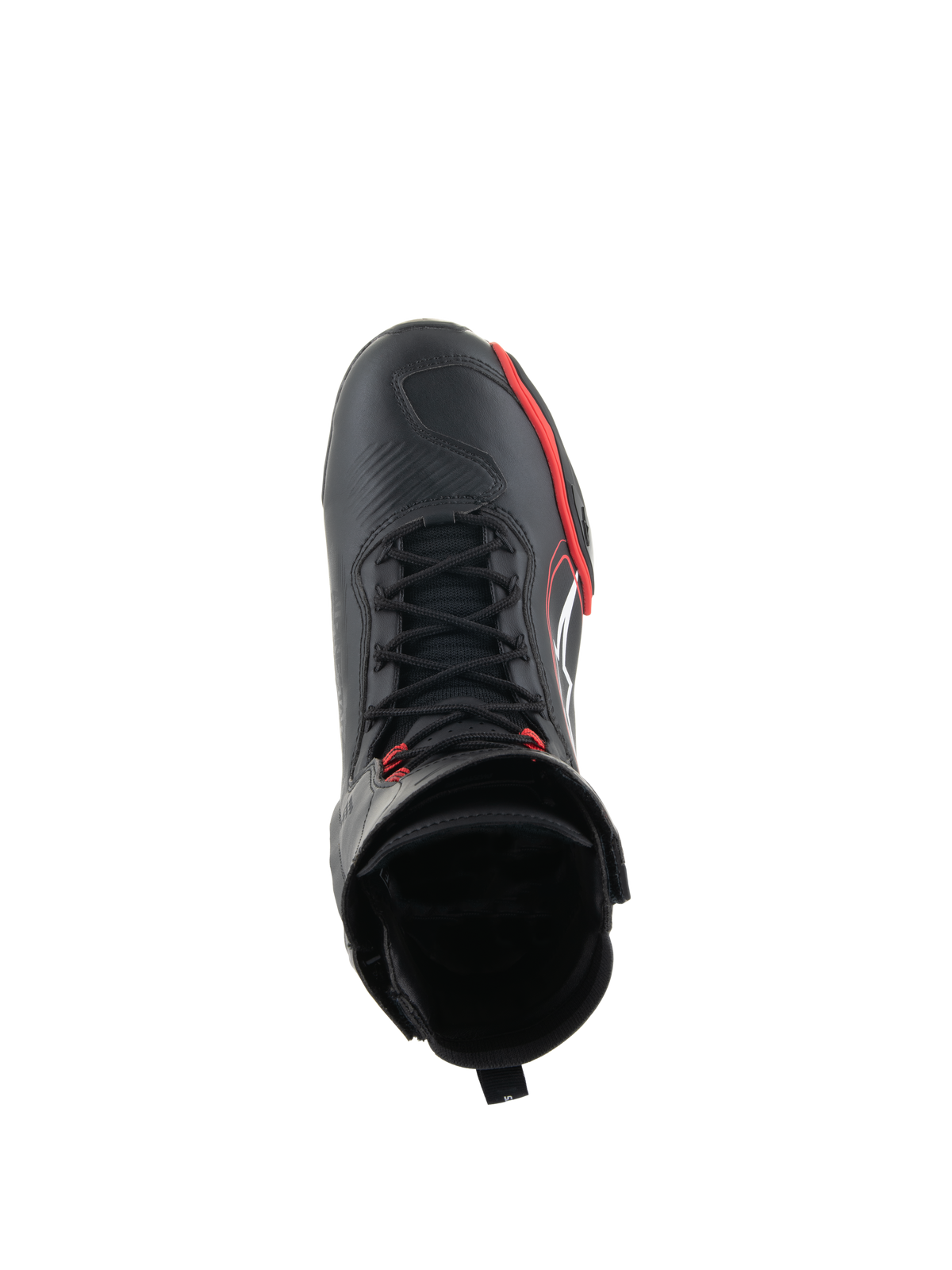 Alpinestars Superfaster Shoes, Motorcycle Riding Shoes, Black Bright Red and White, top-down view showing speed lace system and high-top collar, professional gear for road and sport riding
