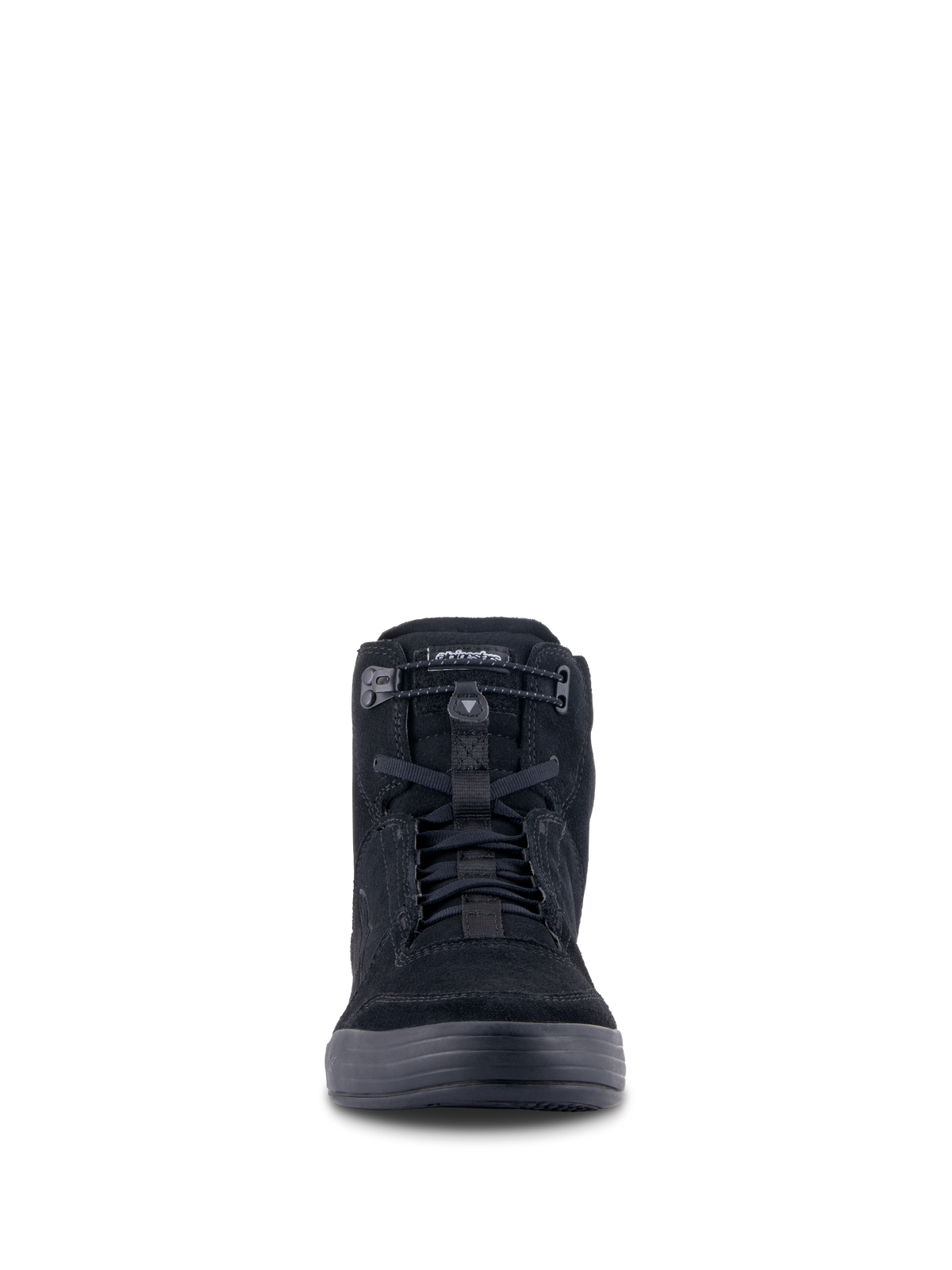 Alpinestars Chrome Riding Shoes, Urban Motorcycle Footwear, Black on Black, front view showing high-top silhouette, split suede material with elasticated top closure and black laces, casual streetwear design