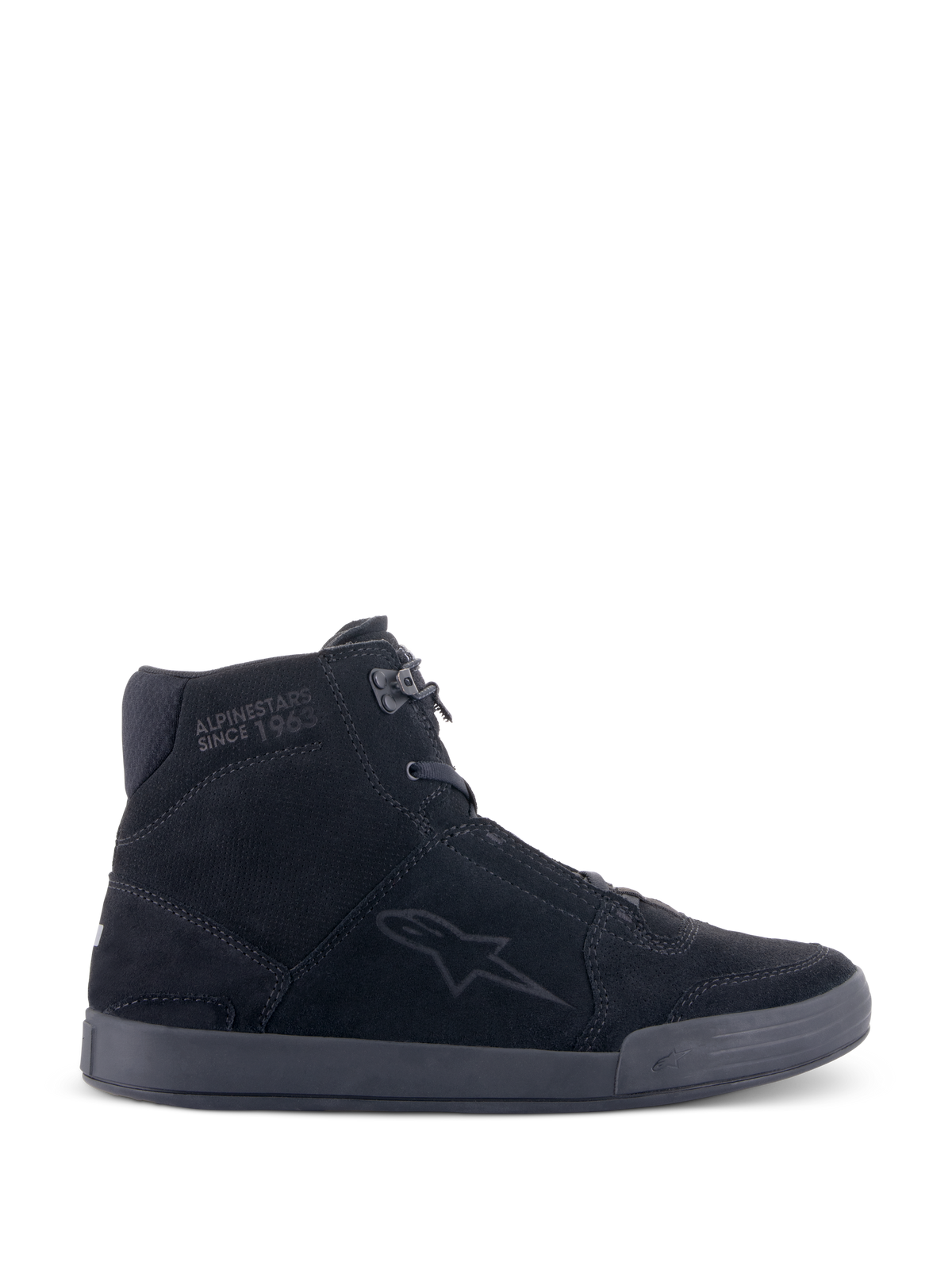 Alpinestars Chrome Shoes, Urban Motorcycle Riding Shoes, Black/Black, high-top sneaker silhouette in split suede, featuring side star logo and 'Since 1963' ankle text, casual streetwear design with flat rubber sole
