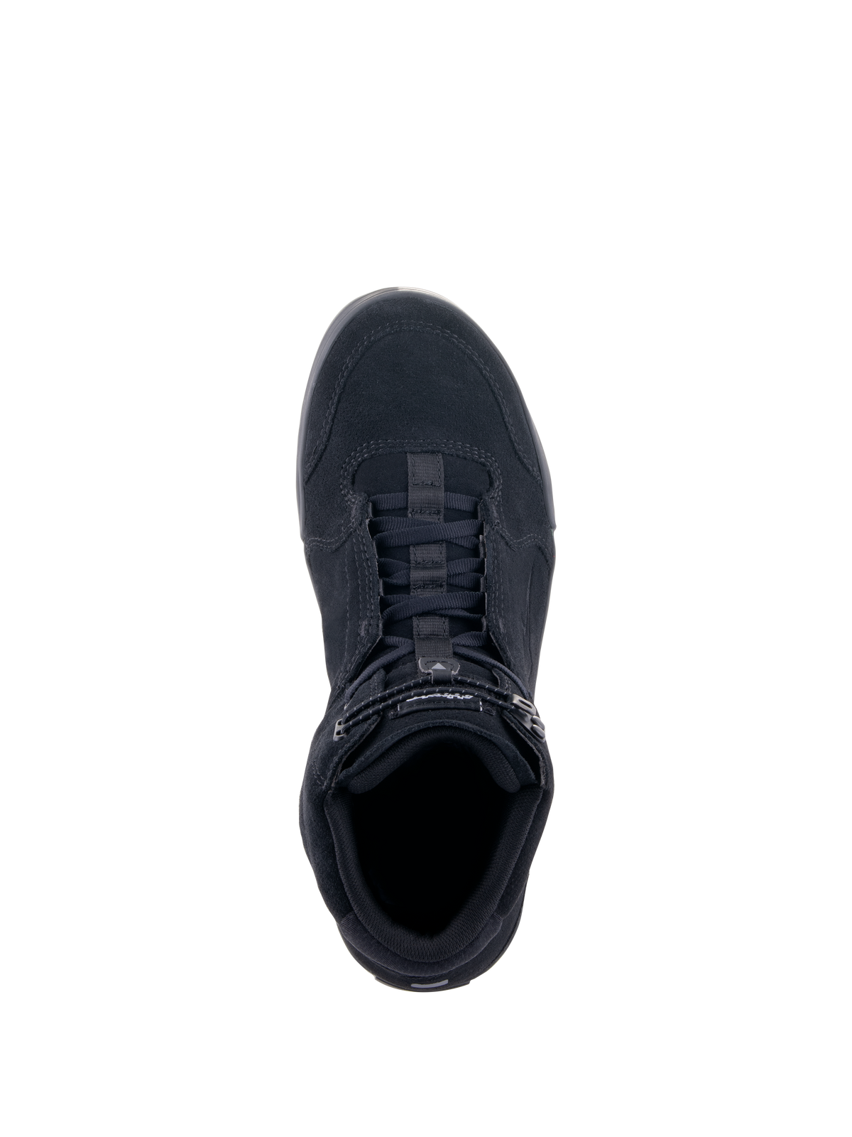 Alpinestars Chrome Riding Shoes, Black Black, top-down view, featuring split suede construction, lace-up closure with an elasticated top strap, casual urban silhouette designed for motorcycle protection