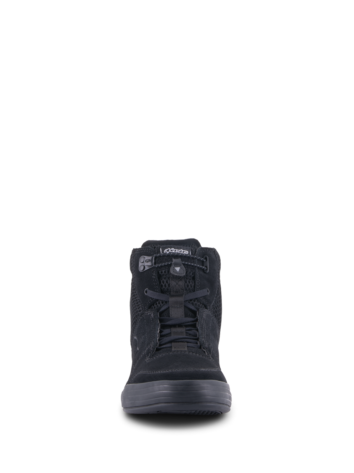 Alpinestars Chrome Air Shoe, chaussure de moto urbaine, noir, vue de face montrant une tige en daim fendu et mesh, fermeture élastiquée et design de basket montante décontractée
