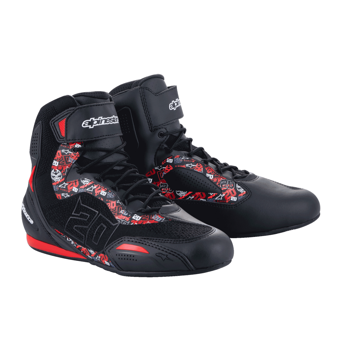 Alpinestars FQ20 Faster-3 Rideknit® Shoes, motorcycle riding shoes, Black and Bright Red, featuring red and white graphic patterns with Fabio Quartararo's number 20, knitted mesh and microfiber construction, Alpinestars logo on the ankle strap, sporty urban design for road riding.