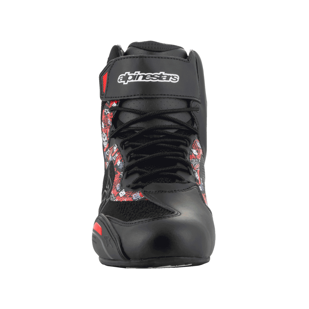 Alpinestars FQ20 Faster-3 Rideknit® Shoes, Motorcycle Riding Shoes, Black and Bright Red, front view featuring lace-up closure and hook and loop ankle strap with Alpinestars branding, graphic print on sides, sleek racing-inspired profile