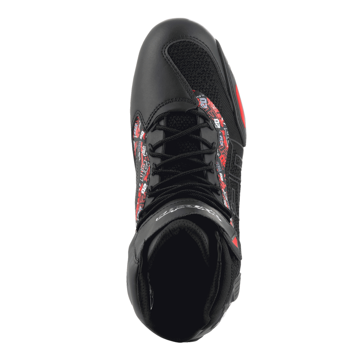 Alpinestars FQ20 Faster-3 Rideknit® Shoes, top-down view, Black and Bright Red, athletic design with laces and breathable mesh, featuring red and white graphic accents on the sides, urban sport motorcycle riding footwear