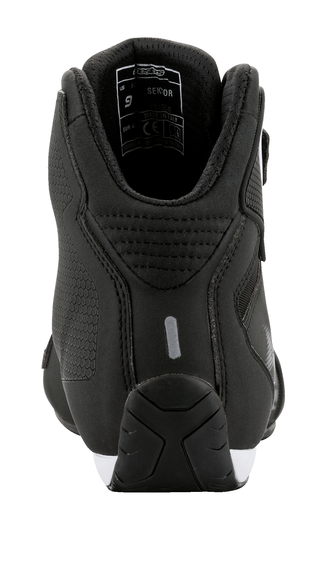 Alpinestars Sektor Shoes, Rear view, Black with white accents, featuring lightweight microfiber construction, a reflective heel tab, and padded ankle collar, sleek motorsport-inspired riding footwear