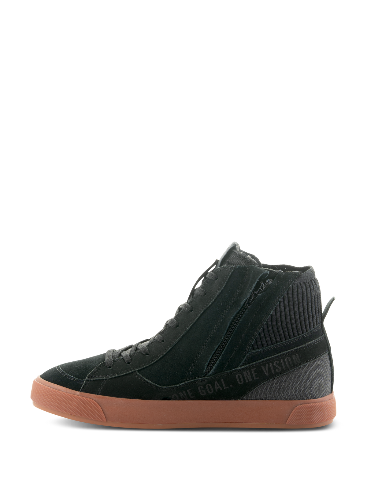 Chaussures Alpinestars Stated, chaussures de moto urbaines, noir et gomme, vue latérale montrant la fermeture éclair latérale, semelle en caoutchouc vulcanisé et texte « ONE GOAL. ONE VISION. » sur la tige en daim et toile
