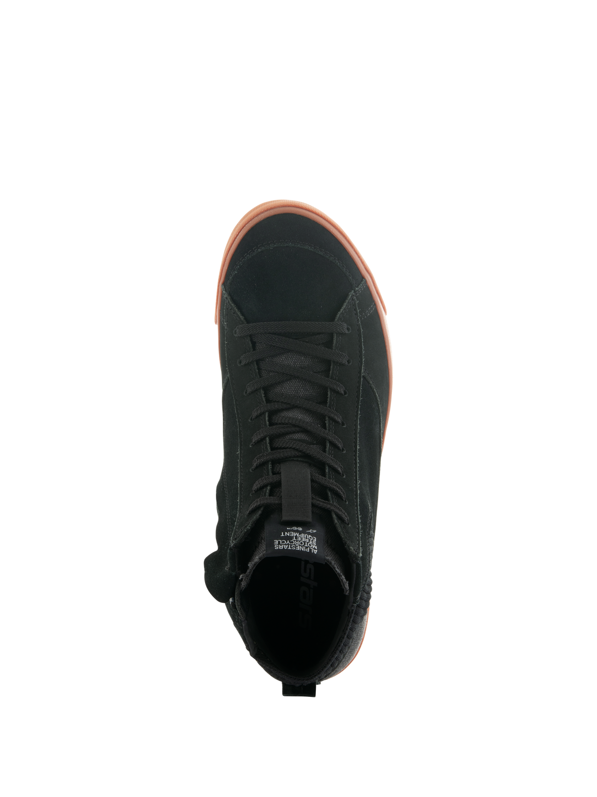 Alpinestars Stated Shoes, vue de dessus d'une chaussure de moto urbaine, tige en daim noir avec semelle vulcanisée couleur gomme, design minimaliste inspiré du skate, lacets classiques et style sneaker de rue.