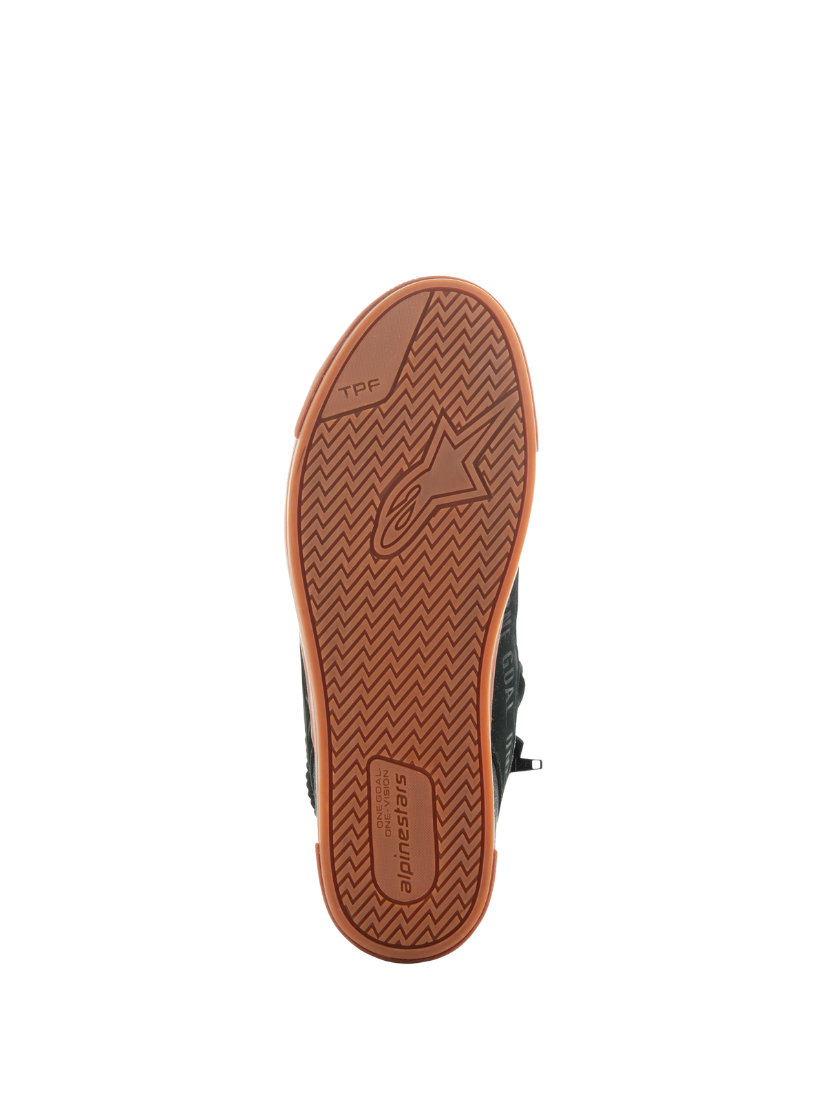 Chaussures Alpinestars Stated, Black Gum, vue de dessous de la semelle en caoutchouc vulcanisé avec motif de traction à chevrons, logo Alpinestars et marquage TPF (Transversal Protection Frame), chaussures de moto urbaines