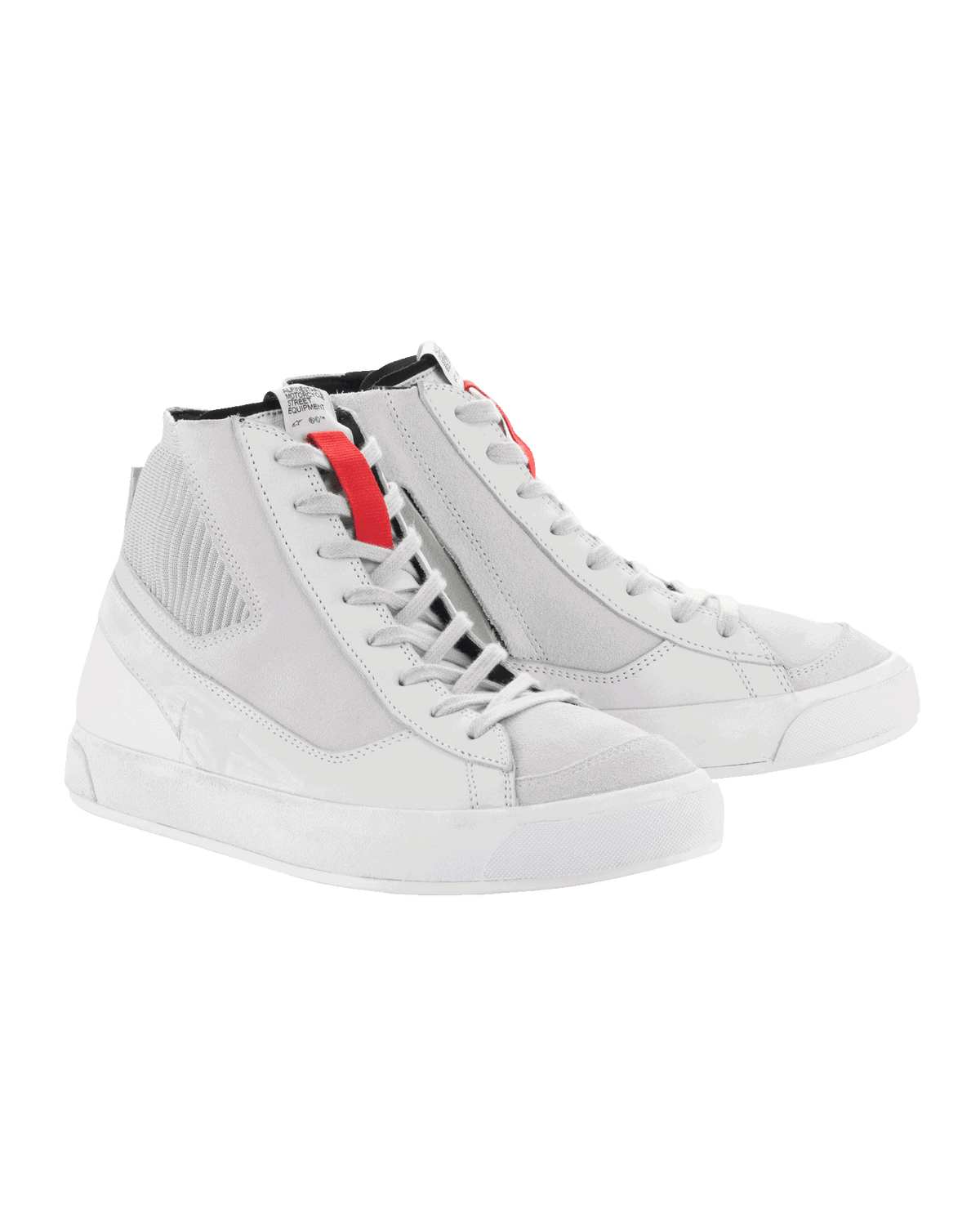 Alpinestars Stated, chaussures de moto urbaines, blanches et grises avec accents rouges, baskets montantes style rétro.