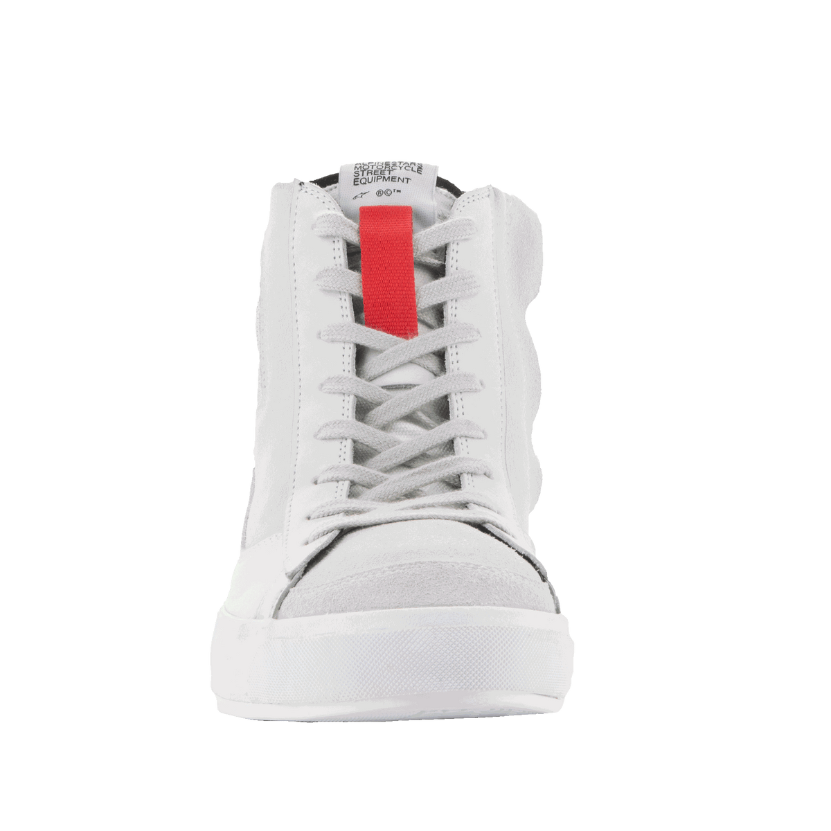 Chaussures Alpinestars Stated, chaussures de moto urbaines, blanches et gris froid, accent rouge, design inspiré du skate.