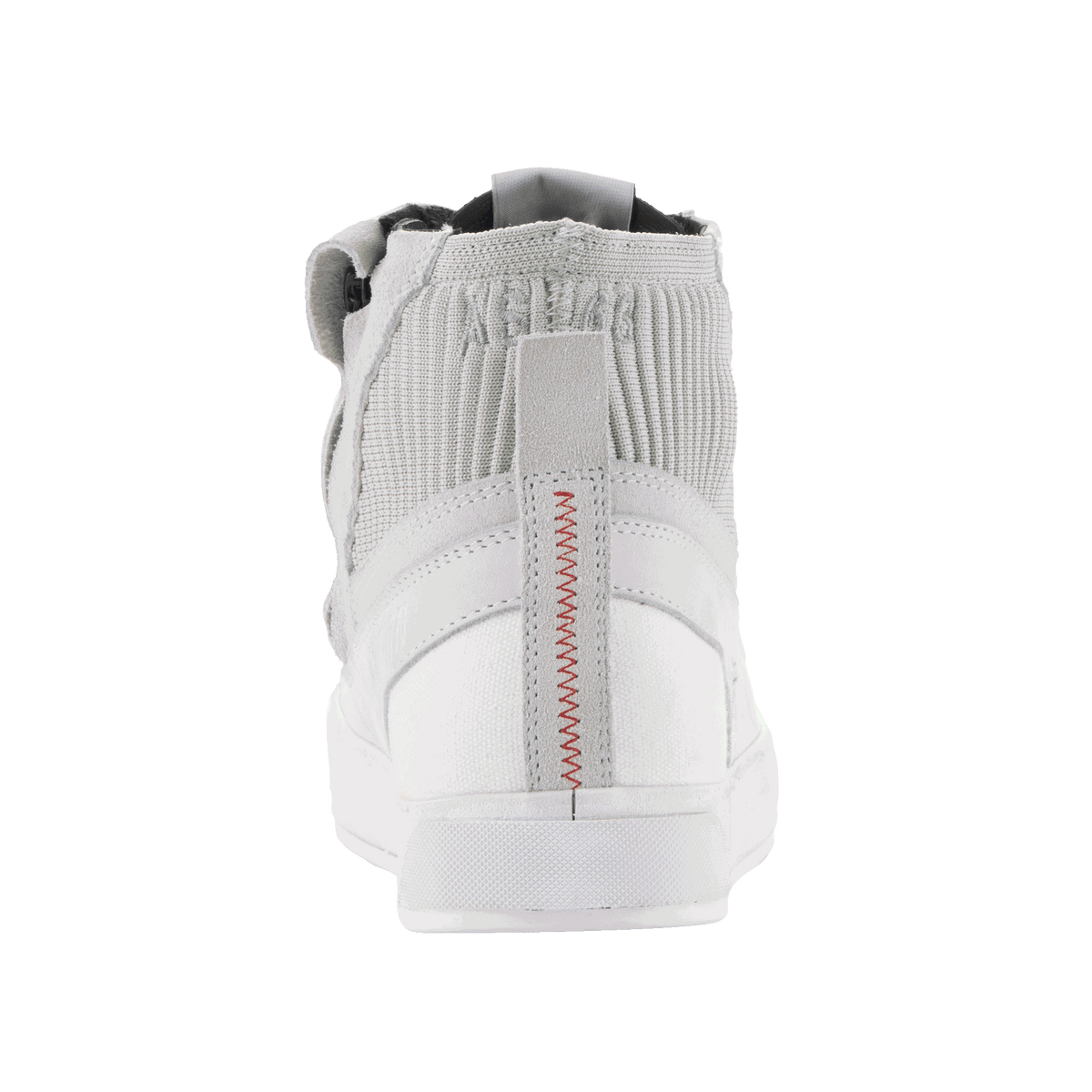 Chaussures Alpinestars Stated, chaussures de moto urbaines blanches et grises, vue arrière avec coutures rouges et col en maille.