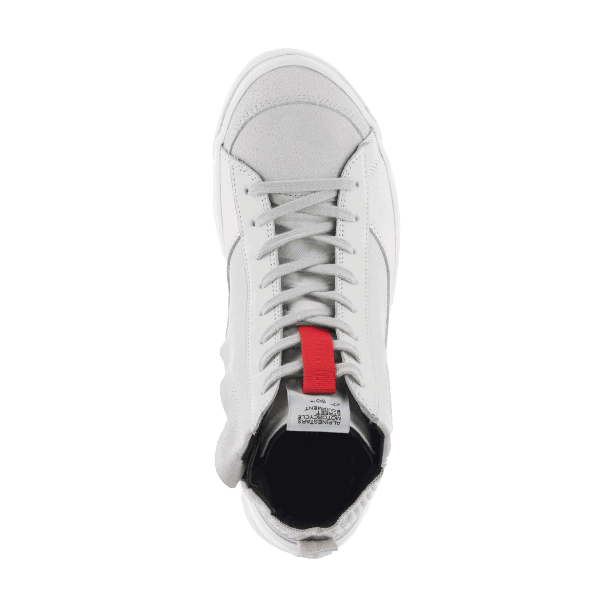 Chaussures Alpinestars Stated, chaussures de moto urbaines pour homme, blanc et gris, vue de dessus, style skate en suède