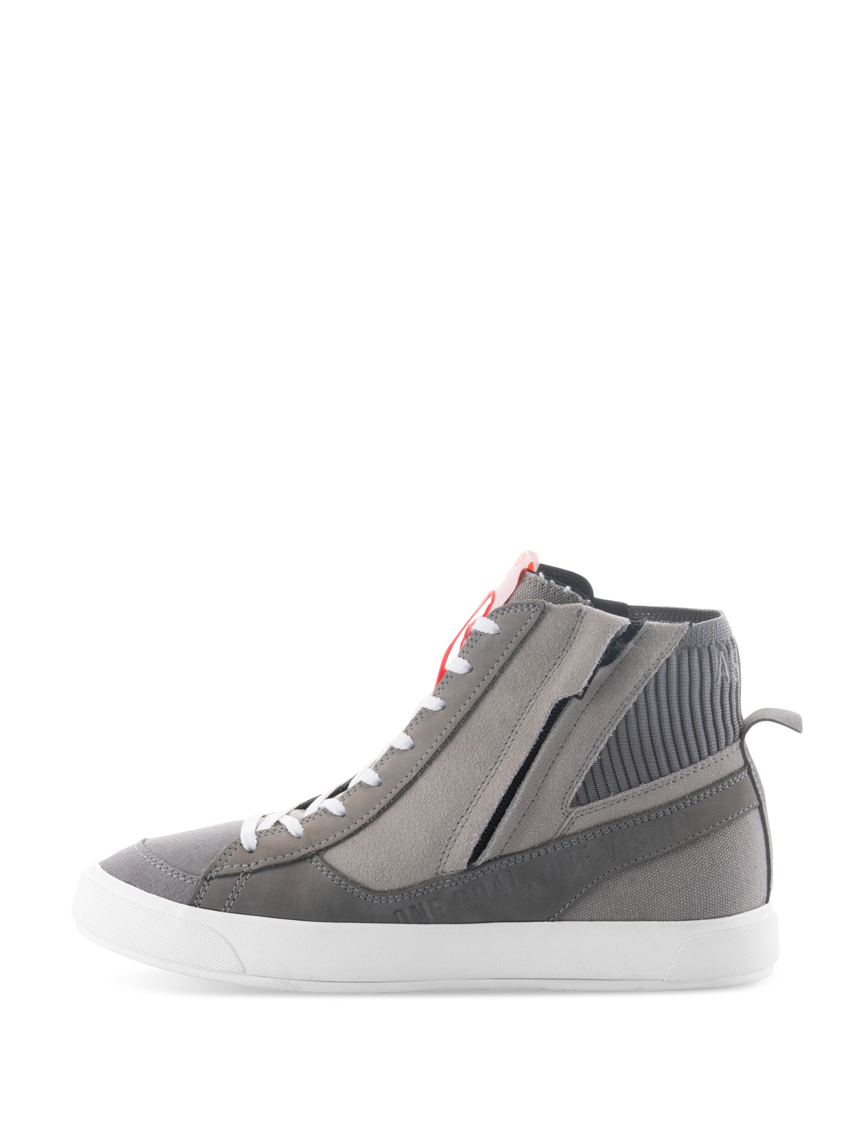 Alpinestars Stated Shoes, chaussures de moto urbaines, gris clair, rouge fluo et blanc, design de basket rétro montante avec tige en daim gris et toile, fermeture éclair latérale et semelle vulcanisée blanche