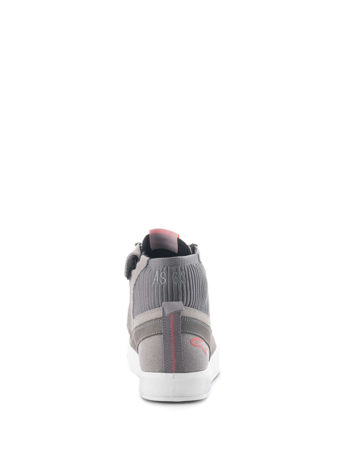 Alpinestars Stated Shoes, chaussures de moto urbaines, Gris Clair Rouge Fluo Blanc, vue arrière montrant le col de cheville en maille côtelée avec marquage « AS 63 », semelle vulcanisée blanche et logo rouge au talon avec détails surpiqués